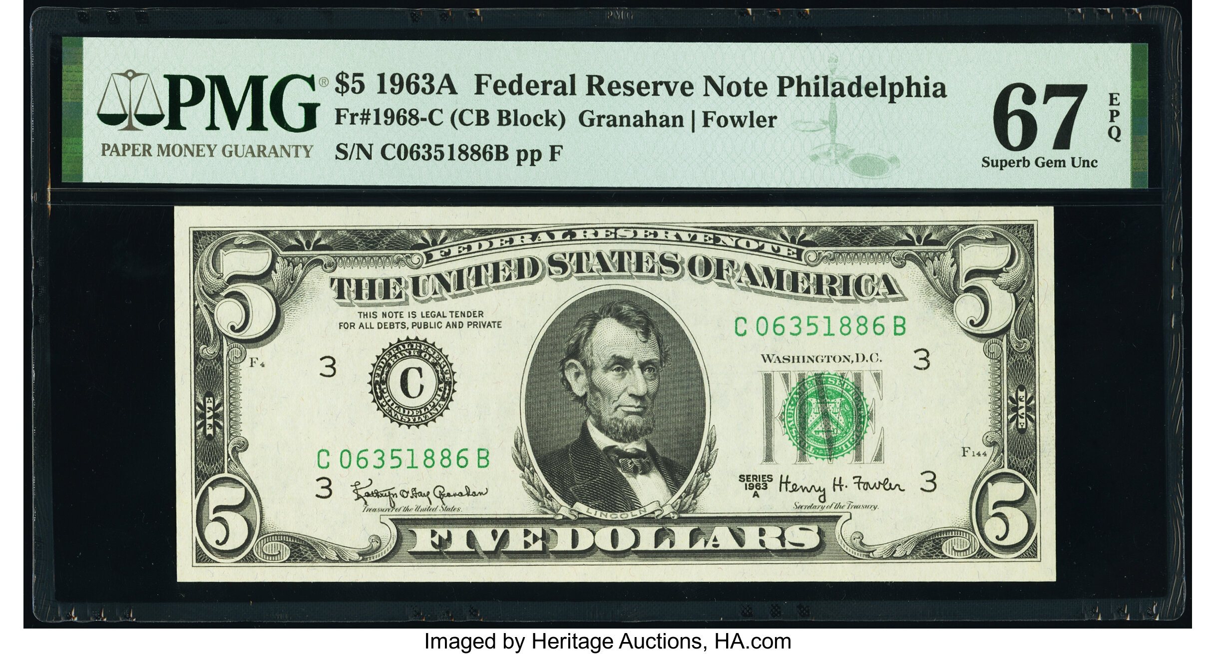image for: Fr. 1968-C $5 1963A Federal Reserve Note. PMG Superb Gem Unc 67 EPQ....