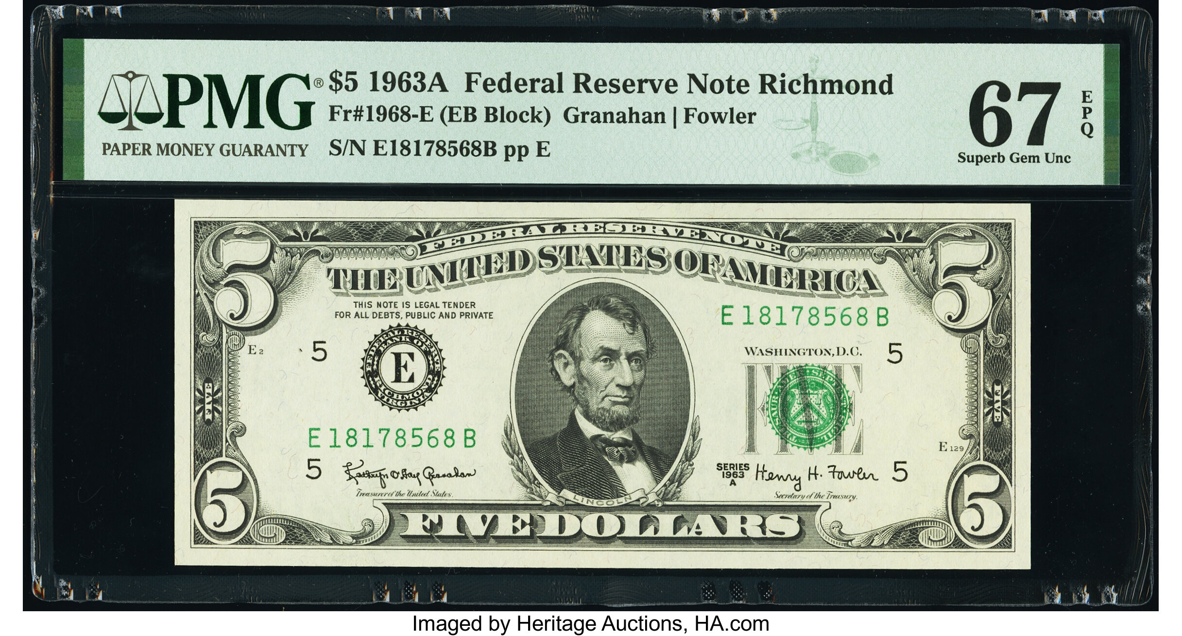 image for: Fr. 1968-E $5 1963A Federal Reserve Note. PMG Superb Gem Unc 67 EPQ....