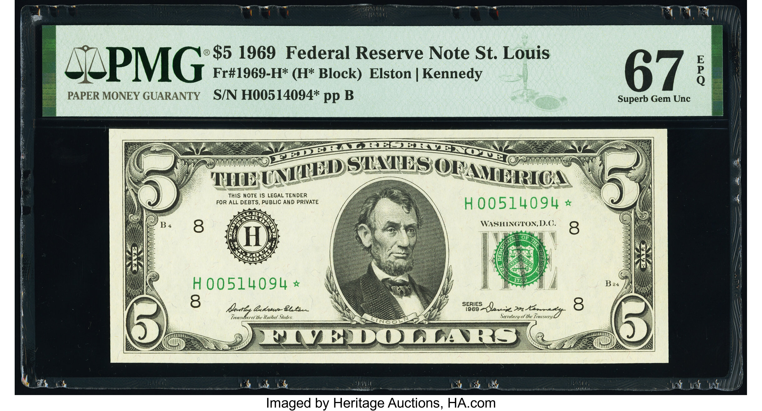 image for: Fr. 1969-H* $5 1969 Federal Reserve Star Note. PMG Superb Gem Unc 67 EPQ....