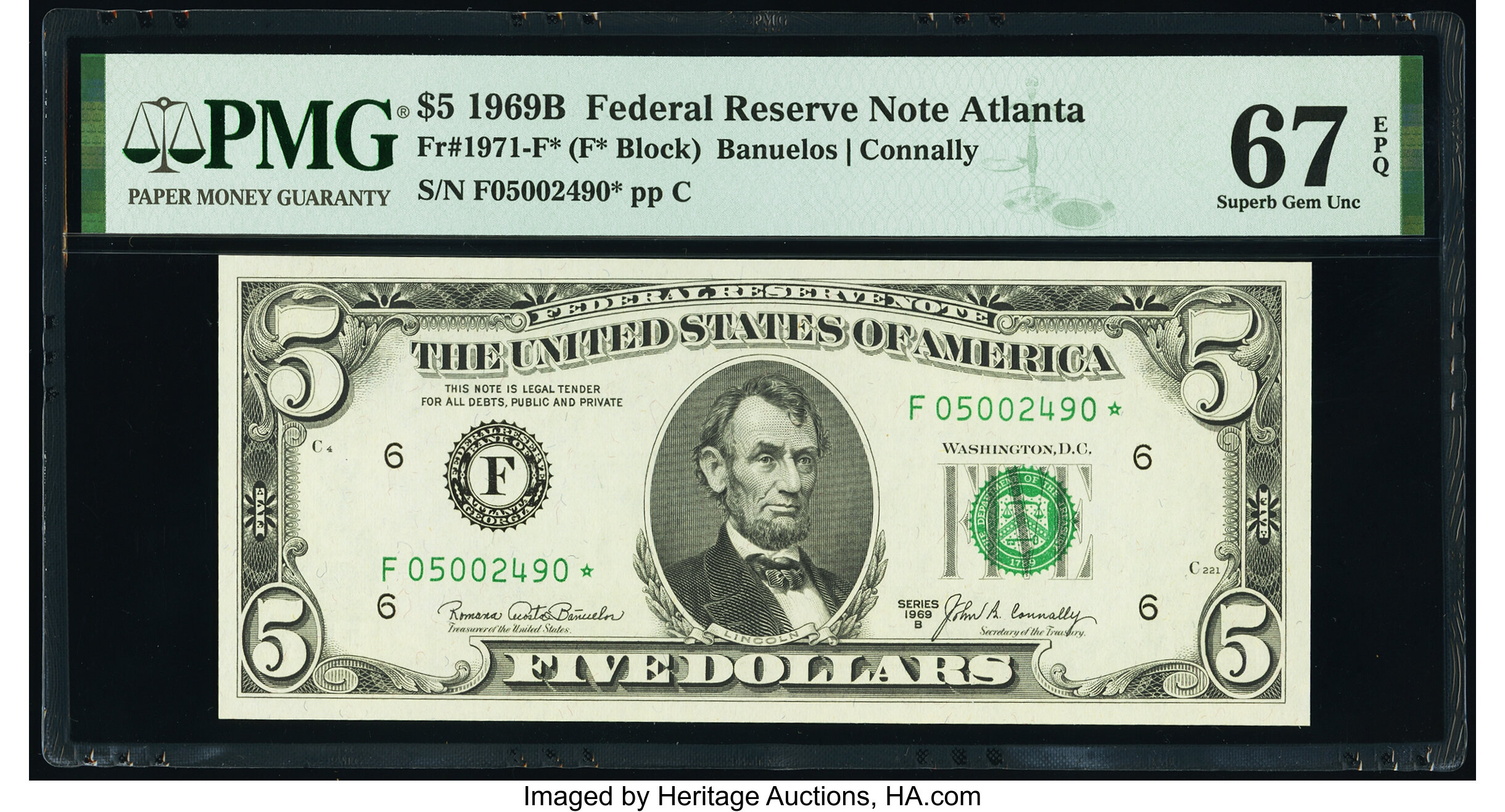 image for: Fr. 1971-F* $5 1969B Federal Reserve Note. PMG Superb Gem Unc 67 EPQ....