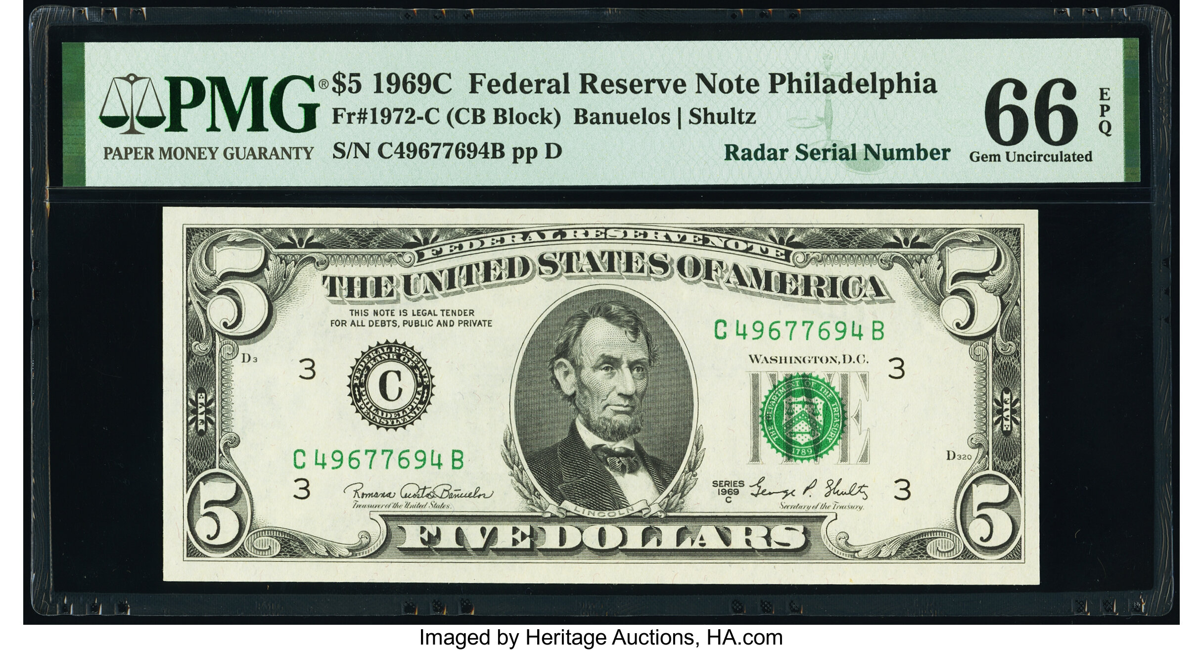 image for: Radar Serial Number 49677694 Fr. 1972-C $5 1969C Federal Reserve Note. PMG Gem Uncirculated 66 EPQ....