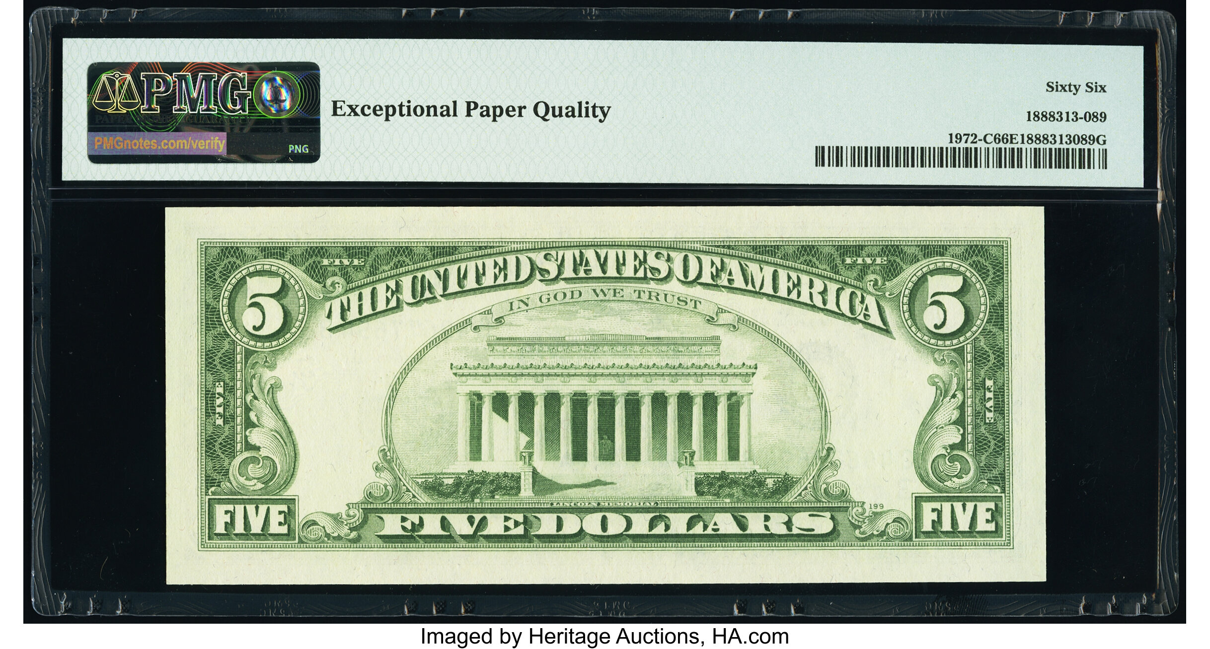 image for: Radar Serial Number 49677694 Fr. 1972-C $5 1969C Federal Reserve Note. PMG Gem Uncirculated 66 EPQ....