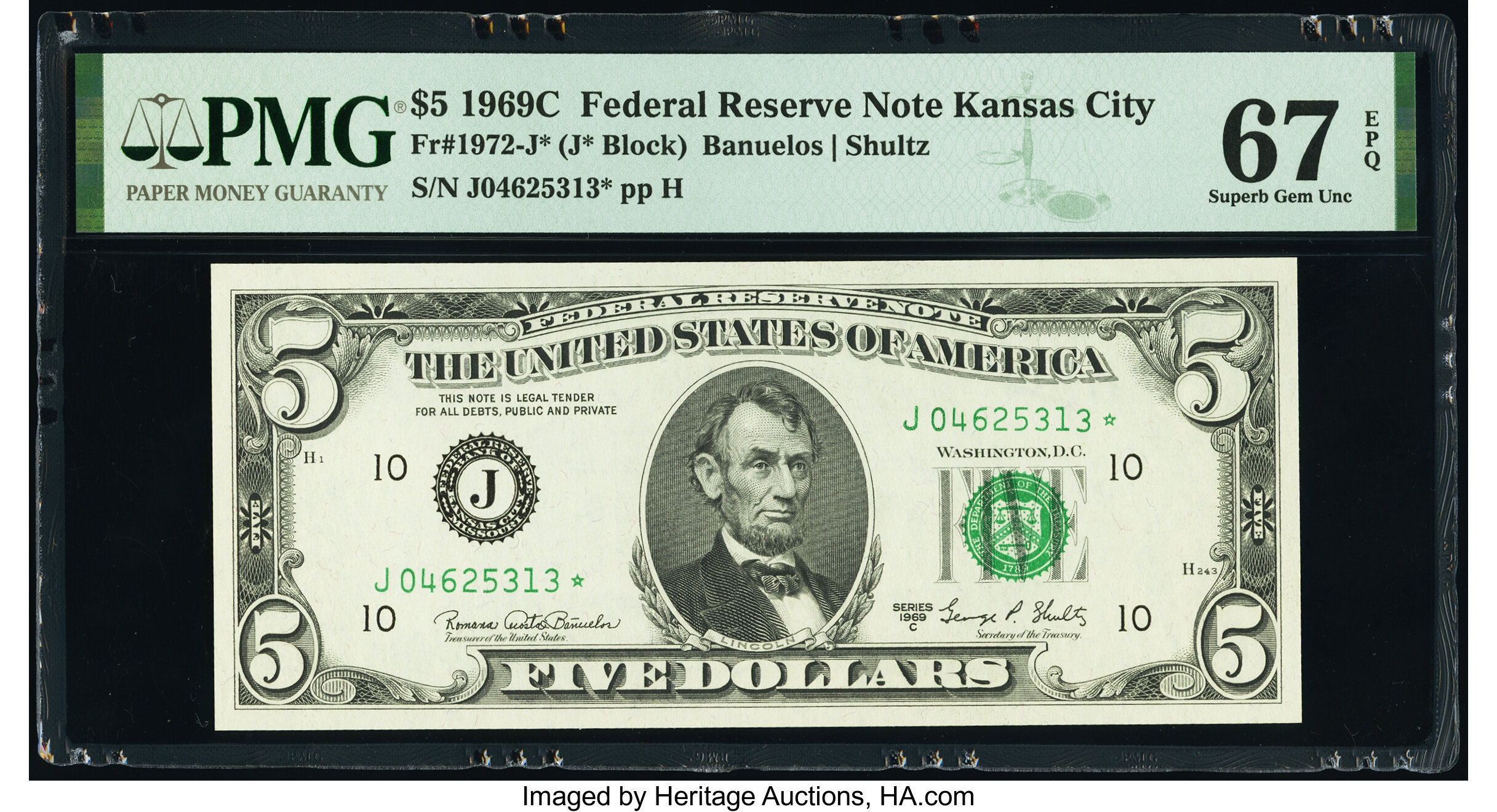 image for: Fr. 1972-J* $5 1969C Federal Reserve Star Note. PMG Superb Gem Unc 67 EPQ....
