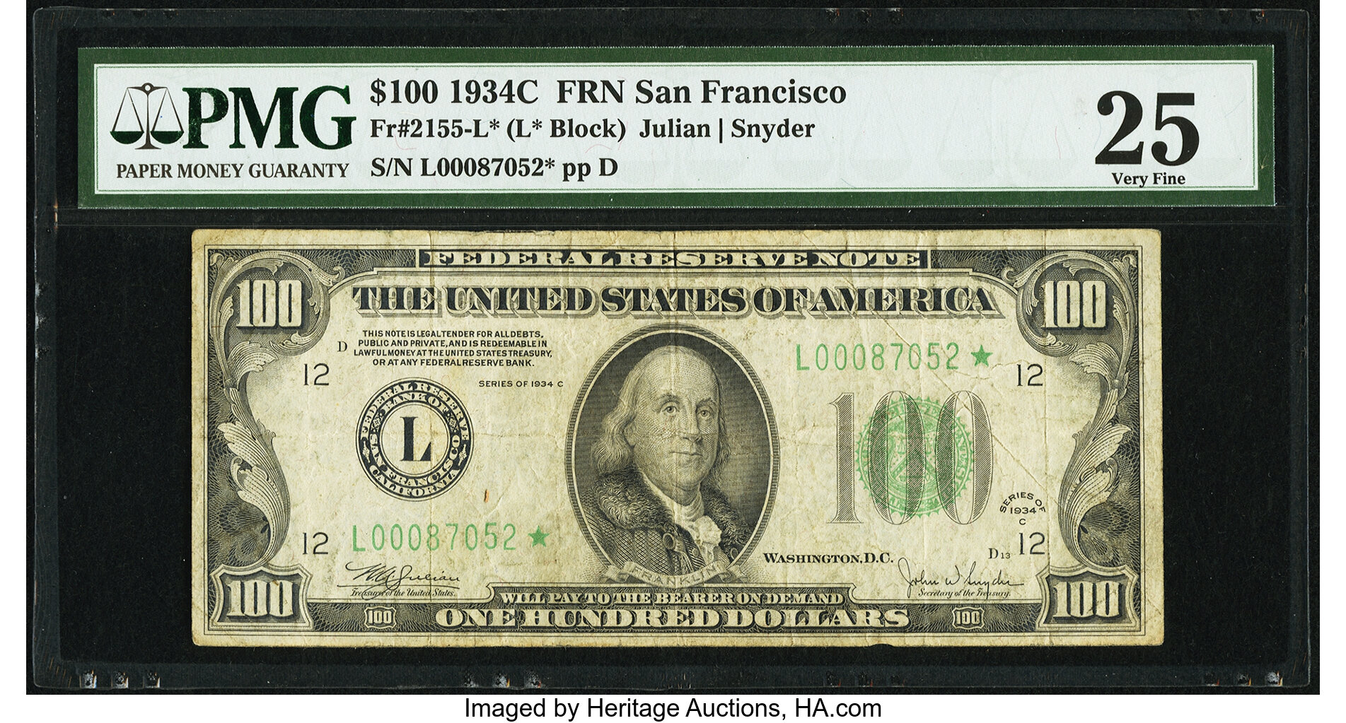 image for: Fr. 2155-L* $100 1934C Federal Reserve Note. PMG Very Fine 25....