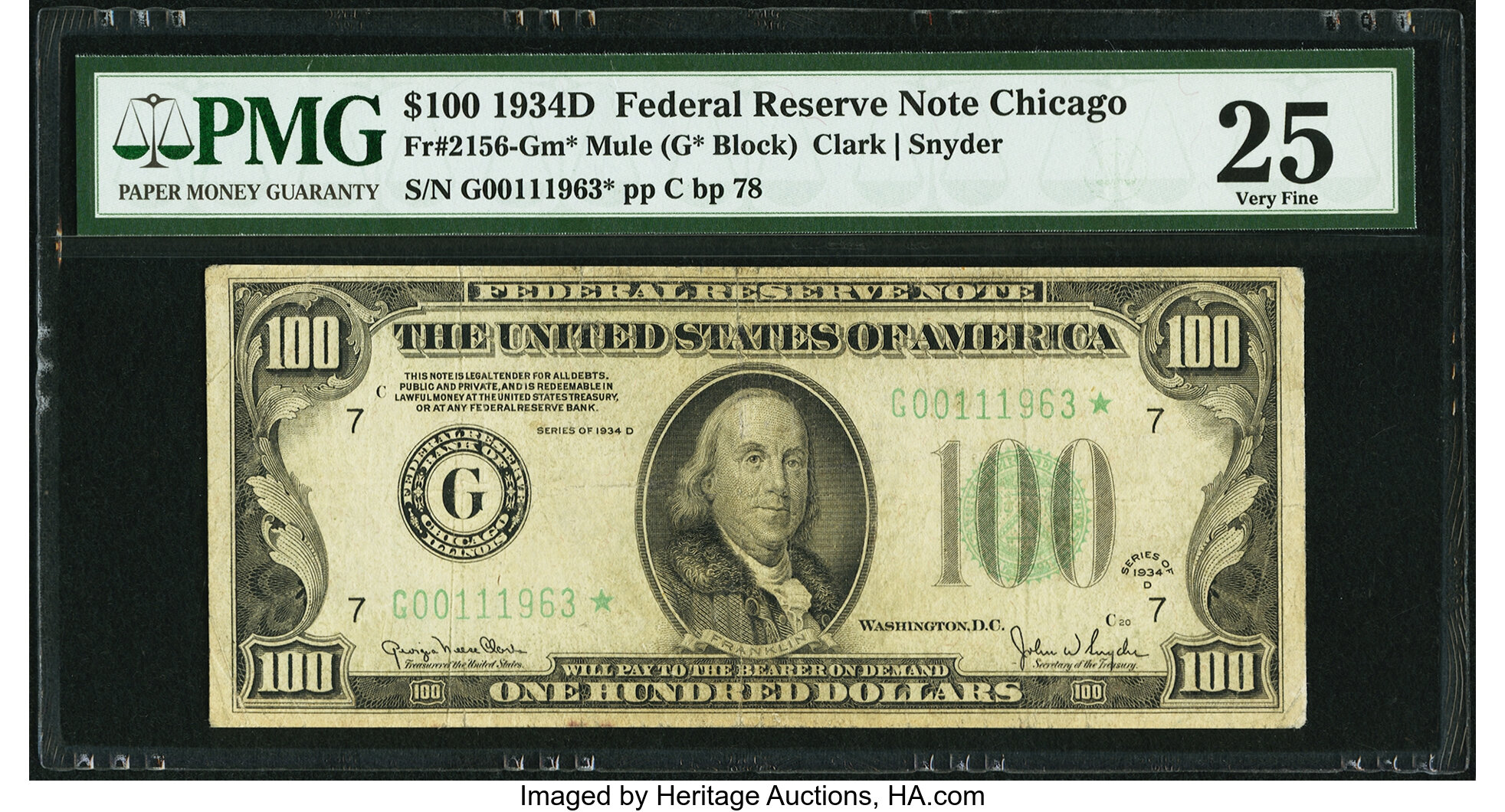 image for: Fr. 2156-G* $100 1934D Mule Federal Reserve Star Note. PMG Very Fine 25....