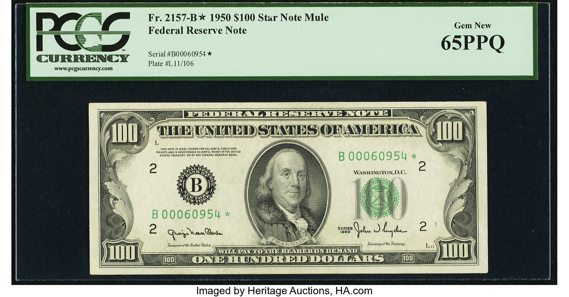 image for: Fr. 2157-B* $100 1950 Mule Federal Reserve Note. PCGS Gem New 65PPQ....