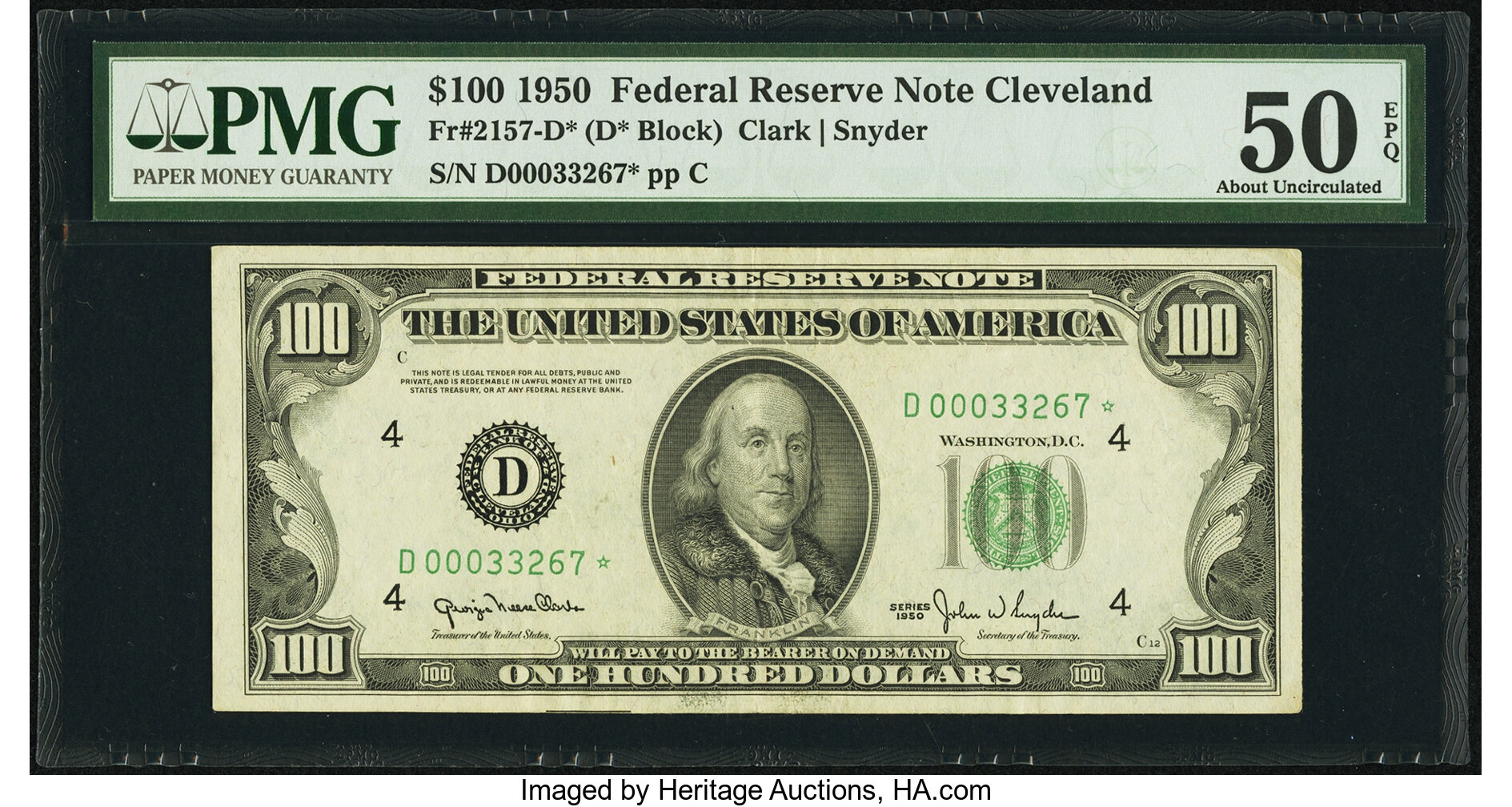 image for: Fr. 2157-D* $100 1950 Federal Reserve Note. PMG About Uncirculated 50 EPQ....