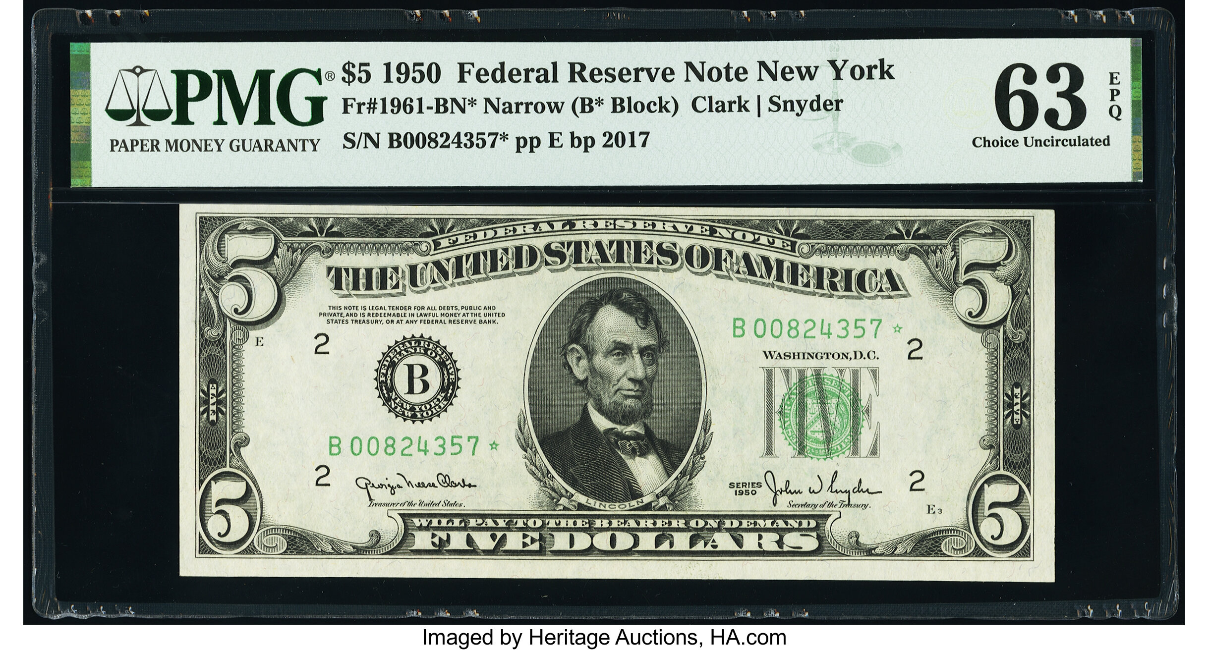 image for: Fr. 1961-B* $5 1950 Narrow Federal Reserve Star Note. PMG Choice Uncirculated 63 EPQ....