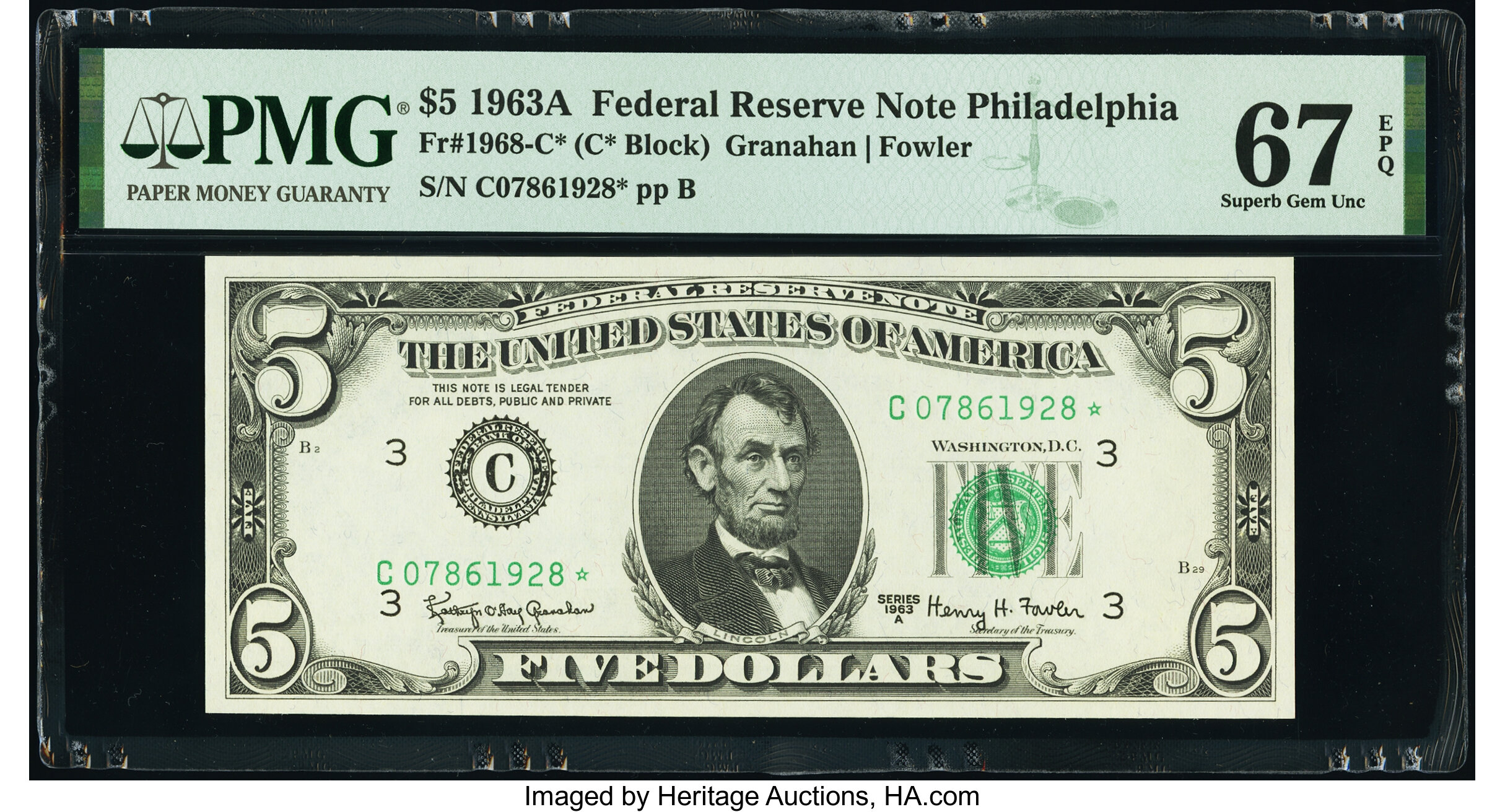 image for: Fr. 1968-C* $5 1963A Federal Reserve Star Note. PMG Superb Gem Unc 67 EPQ....