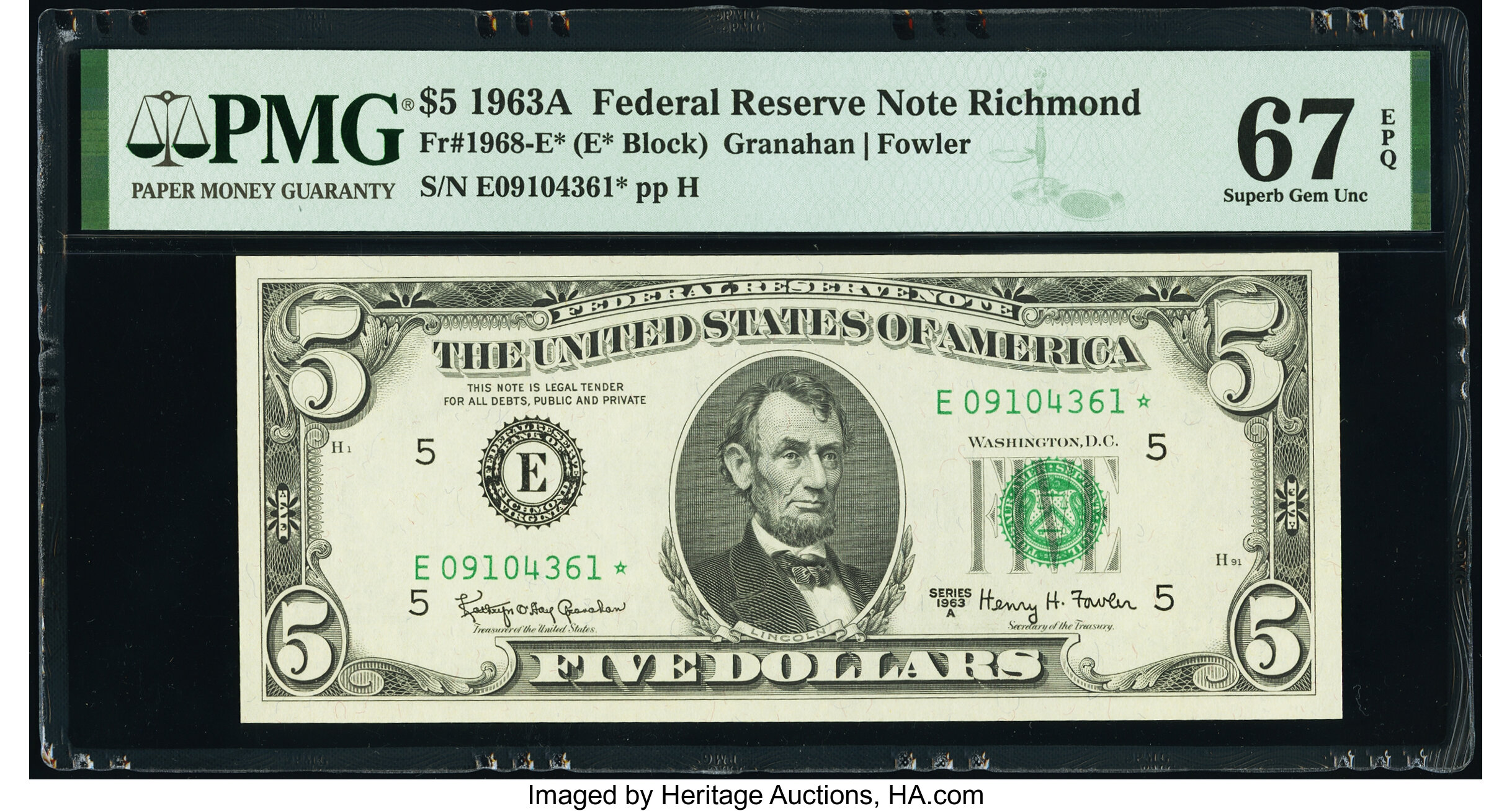 image for: Fr. 1968-E* $5 1963A Federal Reserve Star Note. PMG Superb Gem Unc 67 EPQ....