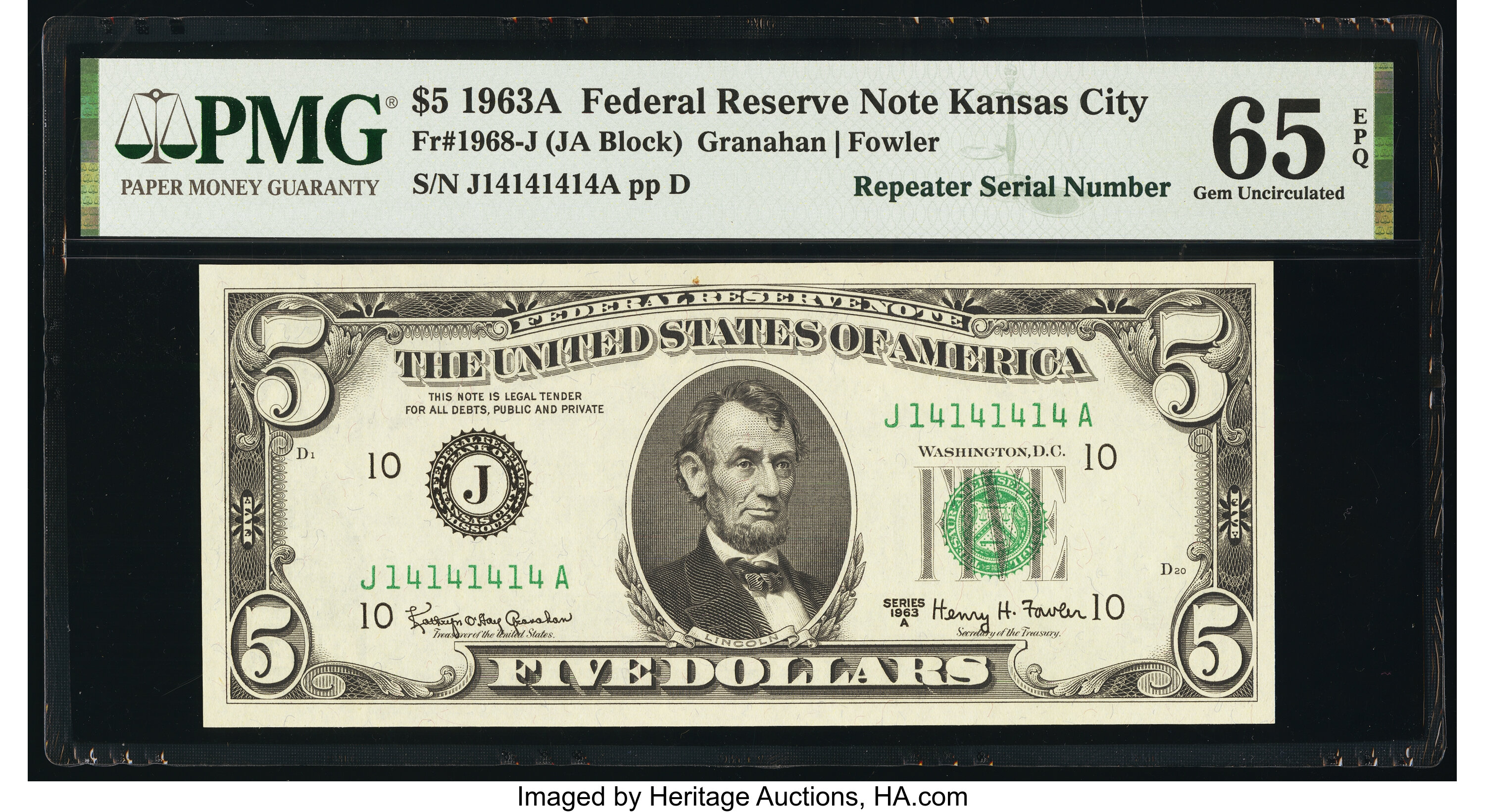 image for: Super Repeater Serial Number 14141414 Fr. 1968-J $5 1963A Federal Reserve Note. PMG Gem Uncirculated 65 EPQ....