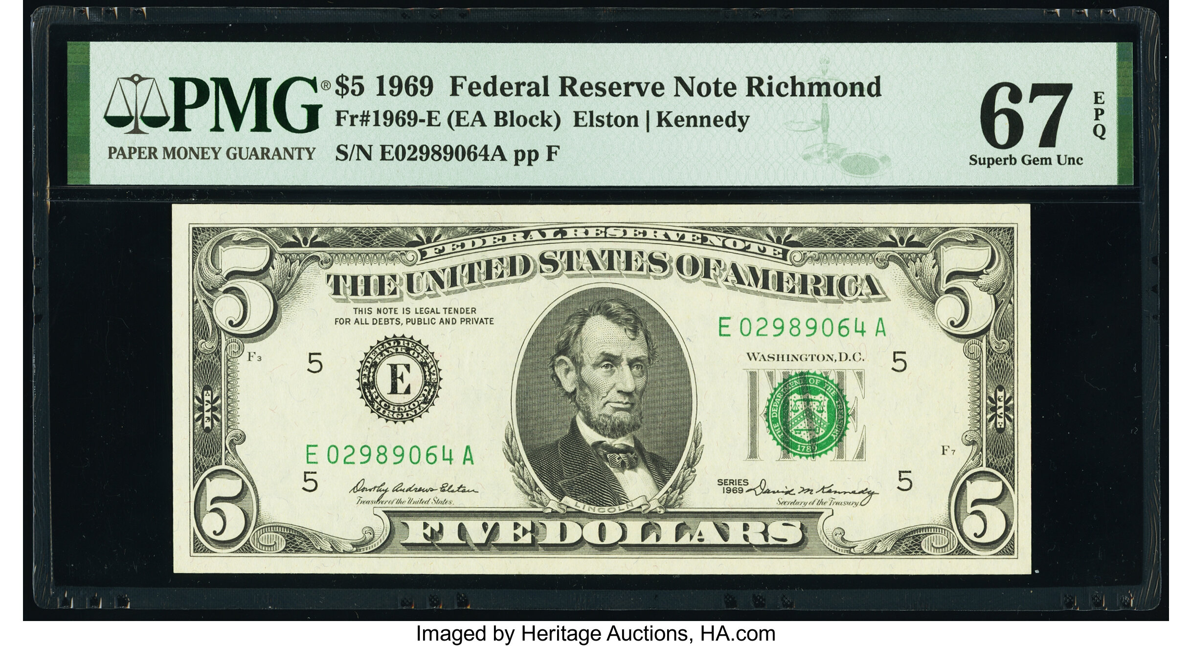 image for: Fr. 1969-E $5 1969 Federal Reserve Note. PMG Superb Gem Unc 67 EPQ....