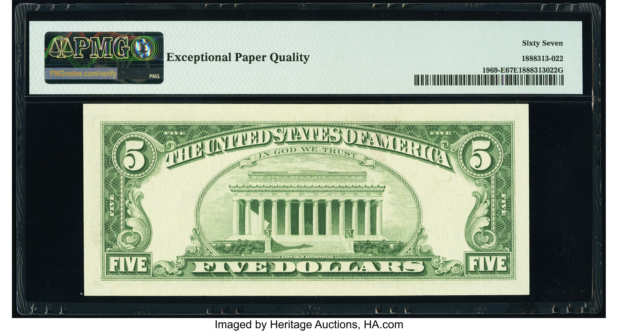 image for: Fr. 1969-E $5 1969 Federal Reserve Note. PMG Superb Gem Unc 67 EPQ....