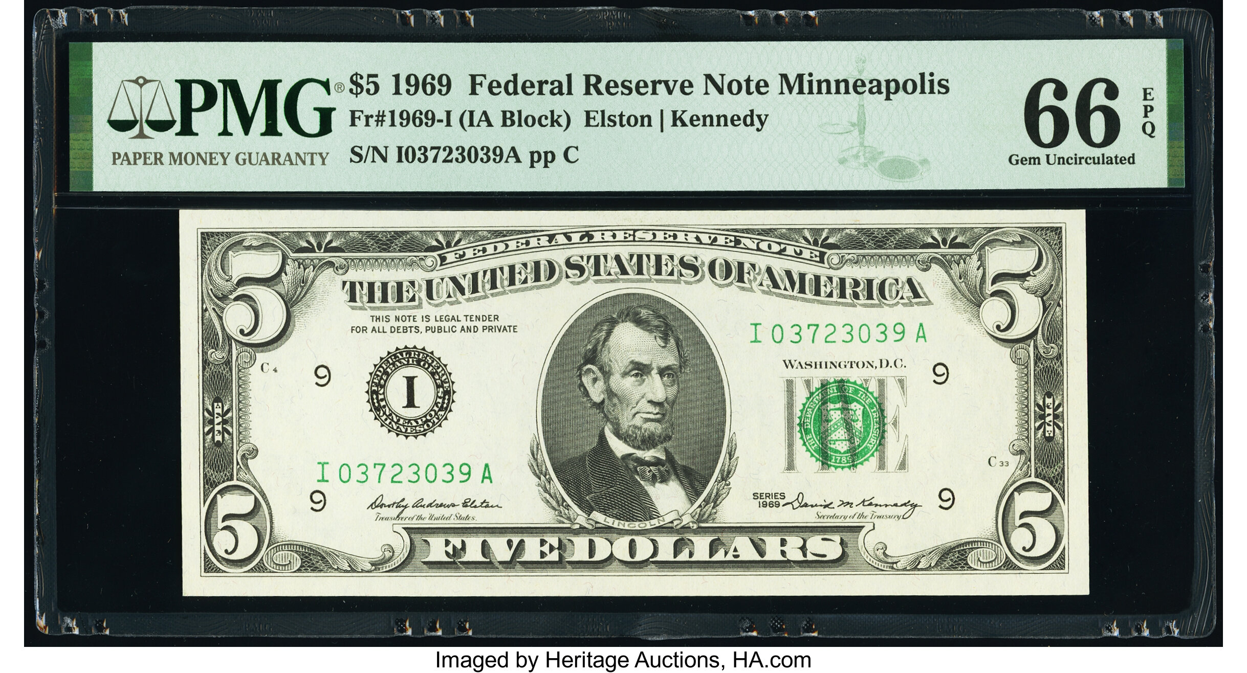 image for: Fr. 1969-I $5 1969 Federal Reserve Note. PMG Gem Uncirculated 66 EPQ....