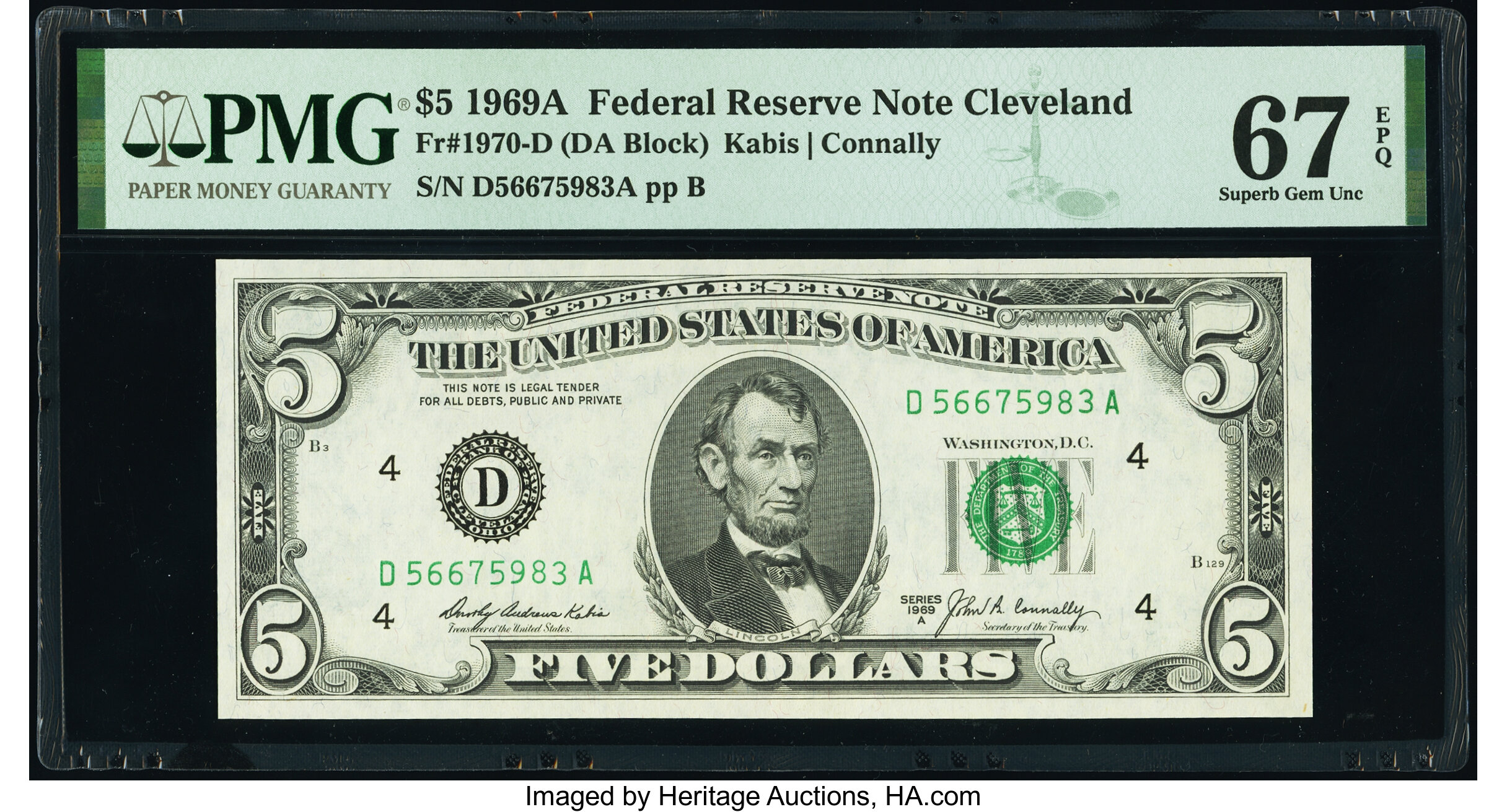 image for: Fr. 1970-D $5 1969A Federal Reserve Note. PMG Superb Gem Unc 67 EPQ....