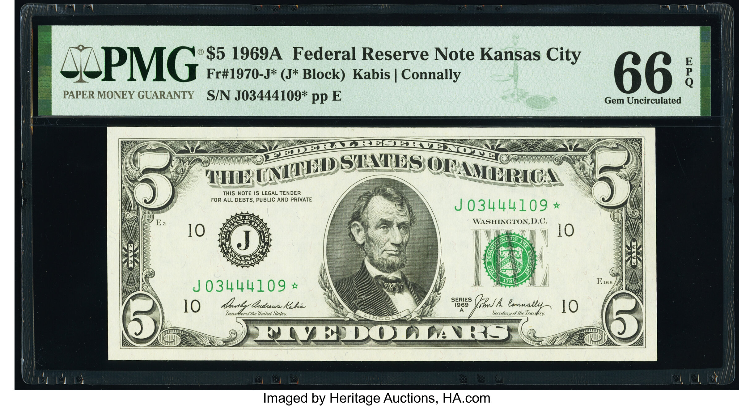 image for: Fr. 1970-J* $5 1969A Federal Reserve Star Note. PMG Gem Uncirculated 66 EPQ....