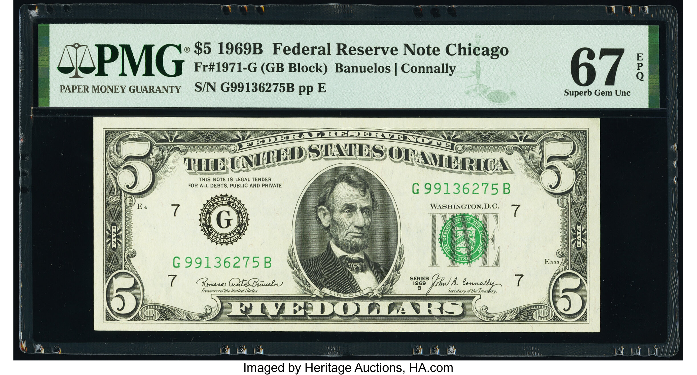 image for: Fr. 1971-G $5 1969B Federal Reserve Note. PMG Superb Gem Unc 67 EPQ....