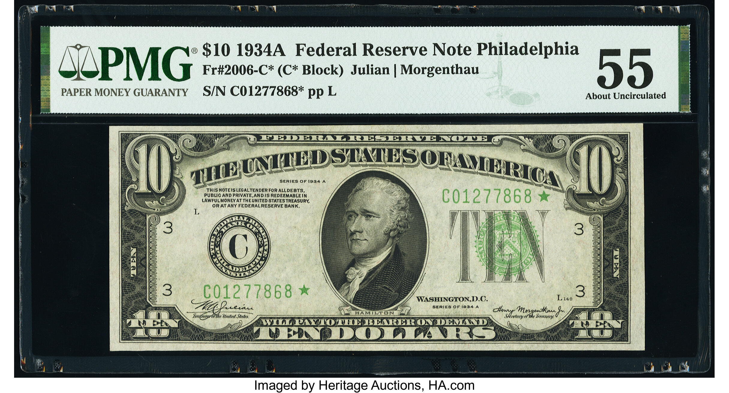 image for: Fr. 2006-C* $10 1934A Federal Reserve Star Note. PMG About Uncirculated 55....