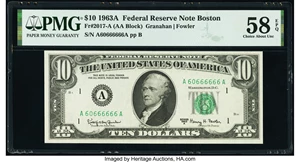 image for: Near Solid Serial Number 60666666 Fr. 2017-A $10 1963A Federal Reserve Note. PMG Choice About Unc 58 EPQ....
