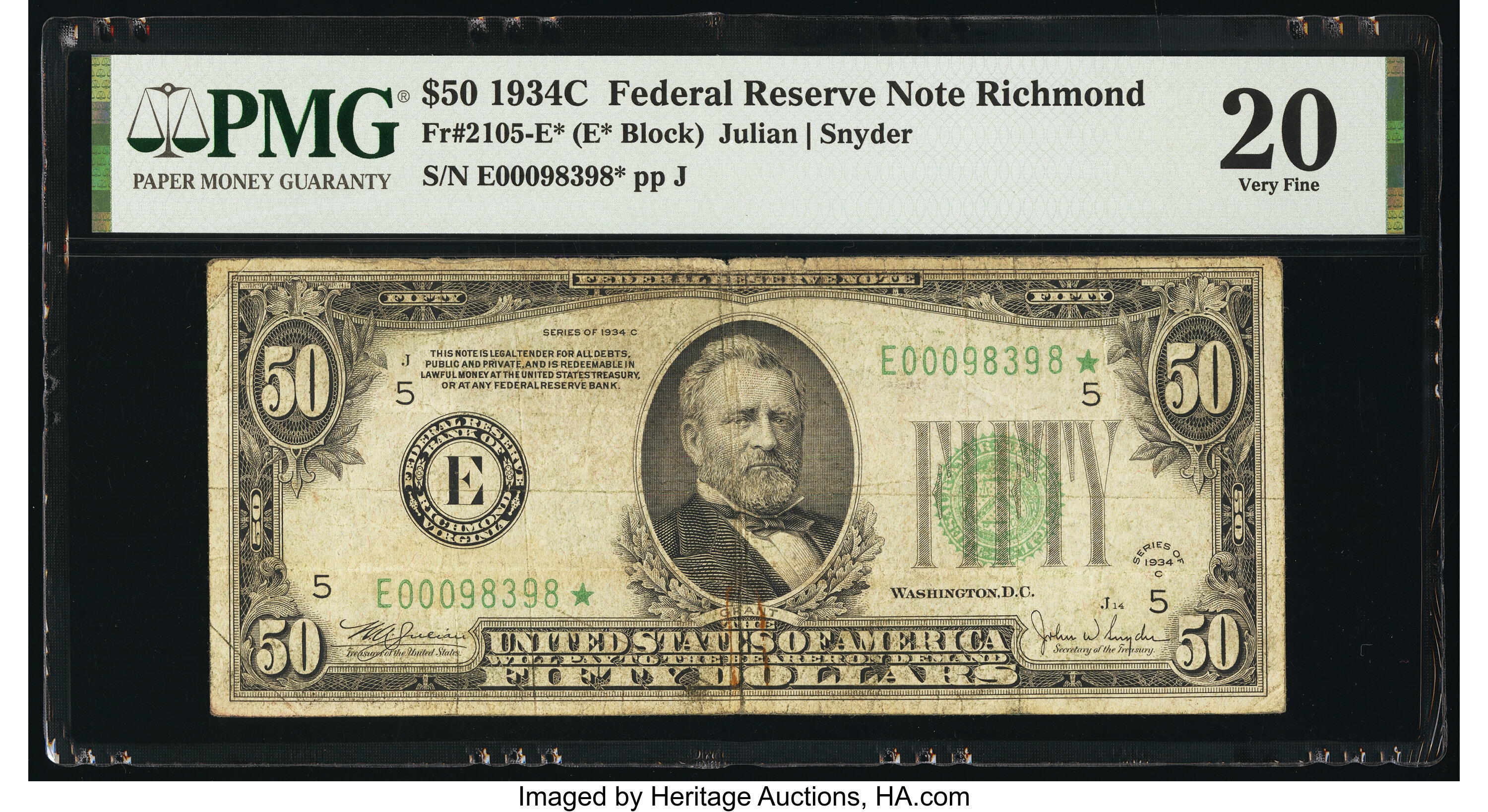 image for: Fr. 2105-E* $50 1934C Federal Reserve Star Note. PMG Very Fine 20....