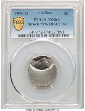 image for: 1976-D 5C Jefferson Nickel -- Struck 75% Off Center -- MS64 PCGS. From The Don Bonser Error Coin Collection Part III....