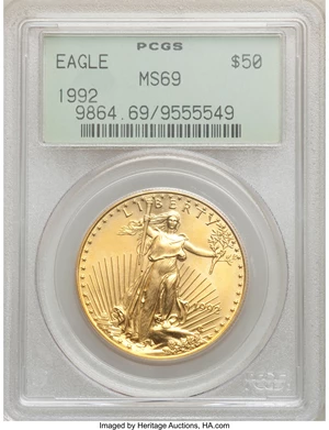 image for: 1992 $50 One-Ounce Gold Eagle MS69 PCGS. PCGS Population: (584/36). NGC Census: (1020/81). CDN: $1,843.36.Whsle. Bid for NG...