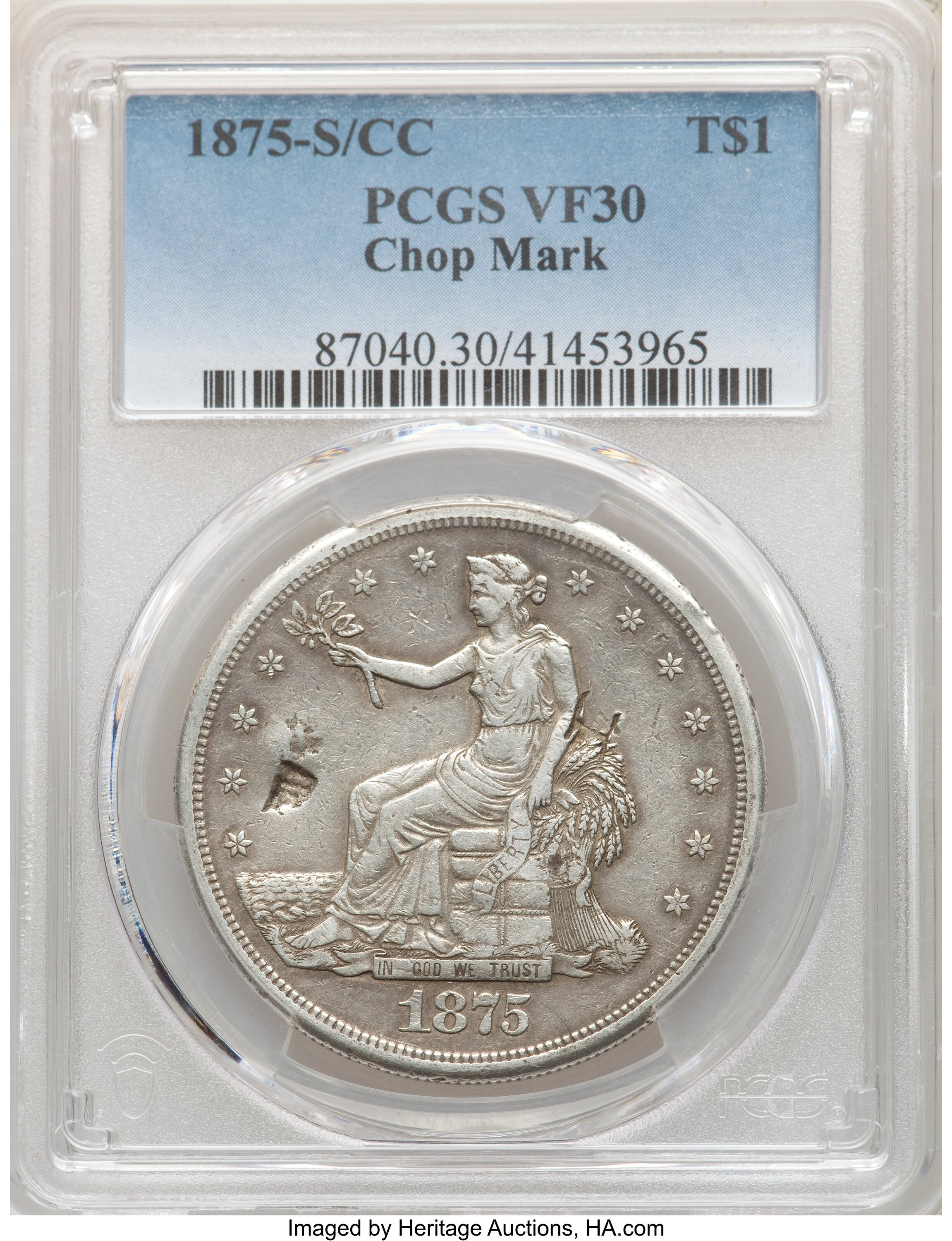 image for: 1875-S/CC T$1 Chop Mark VF30 PCGS. PCGS Population: (1/26). NGC Census: (0/0).  ...