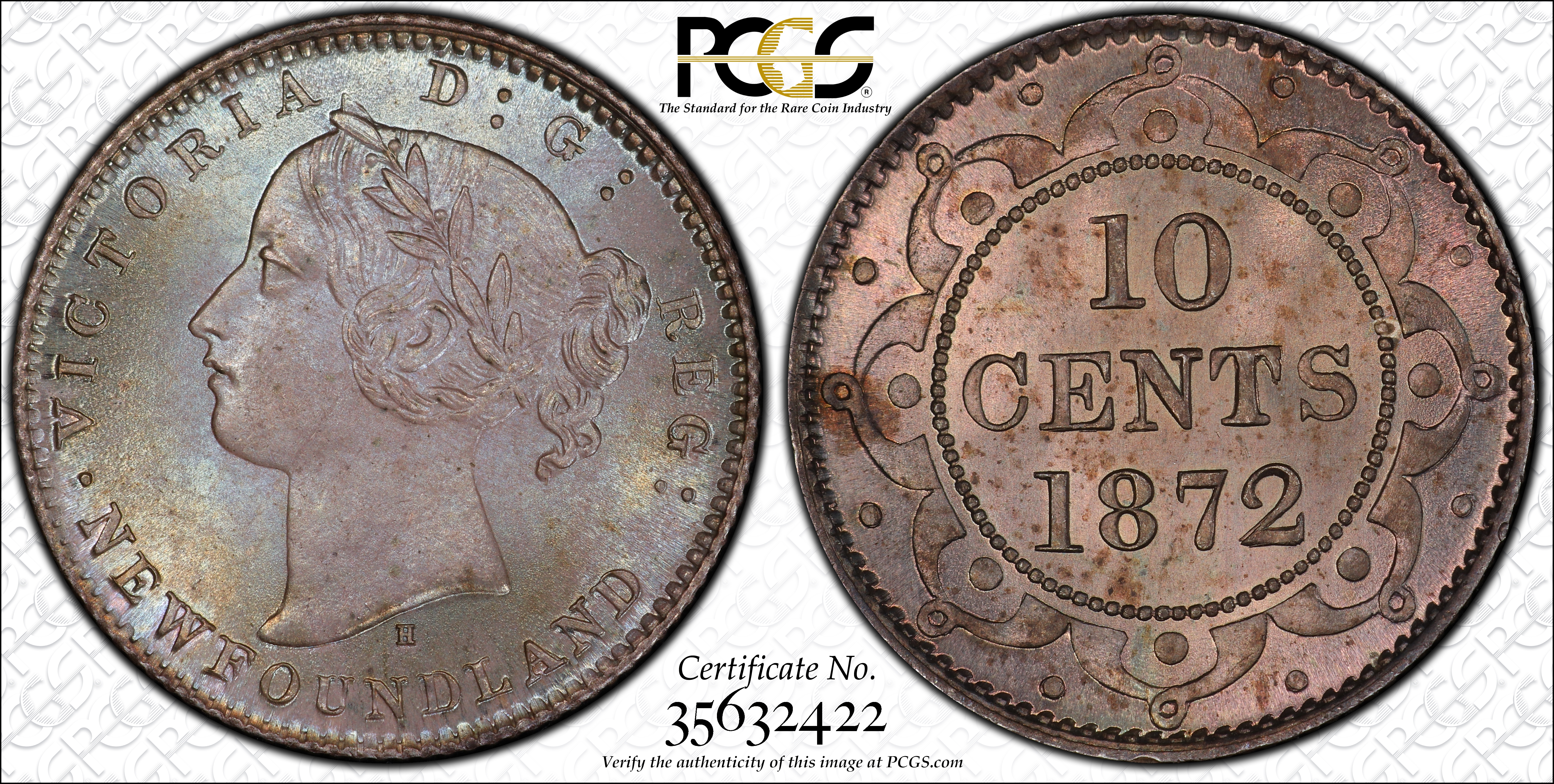 image for: CANADA. Newfoundland. 10 Cents, 1872-H. Heaton Mint. Victoria. PCGS MS-67 Gold Shield.