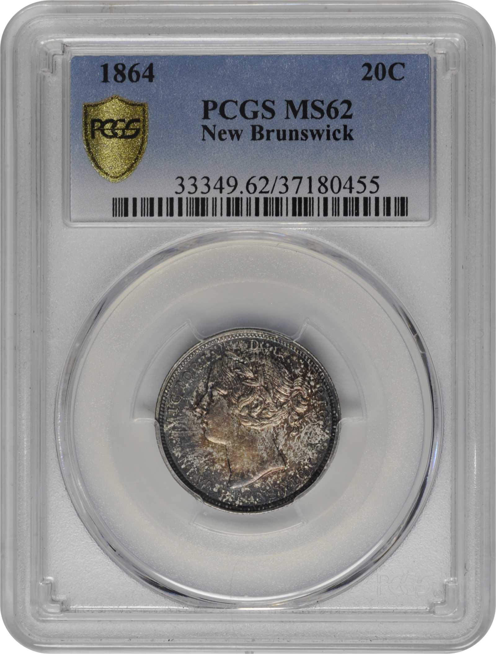 image for: CANADA. New Brunswick. 20 Cents, 1864. London Mint. Victoria. PCGS MS-62 Gold Shield.