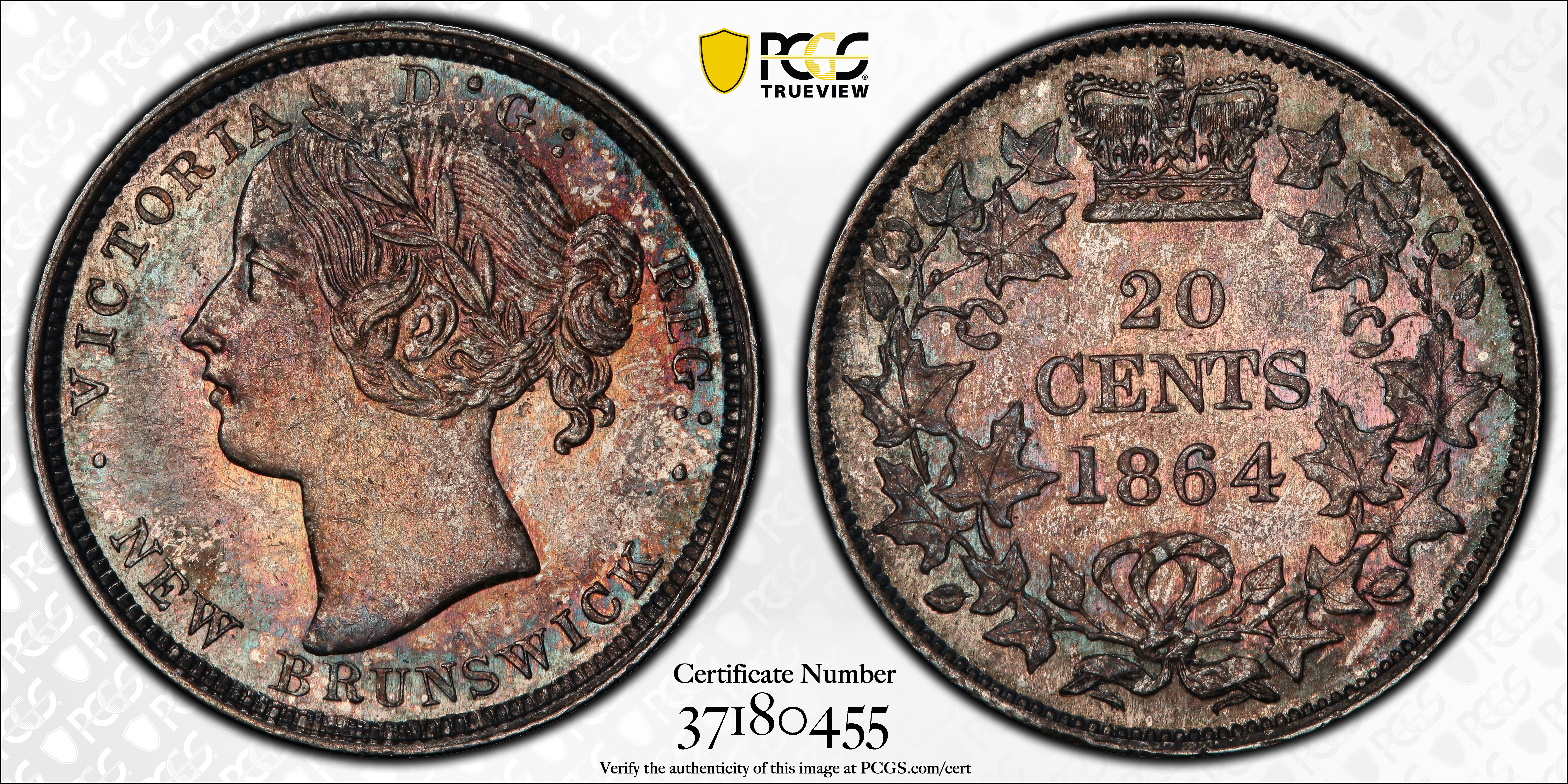 image for: CANADA. New Brunswick. 20 Cents, 1864. London Mint. Victoria. PCGS MS-62 Gold Shield.