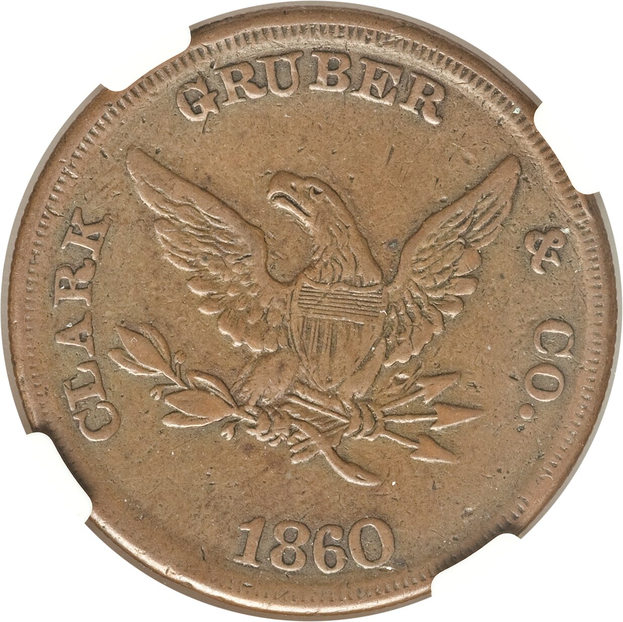 image for: 1860 $20 Clark, Gruber Twenty Dollar Copper Pattern VF35 NGC. K-4a, R.5....