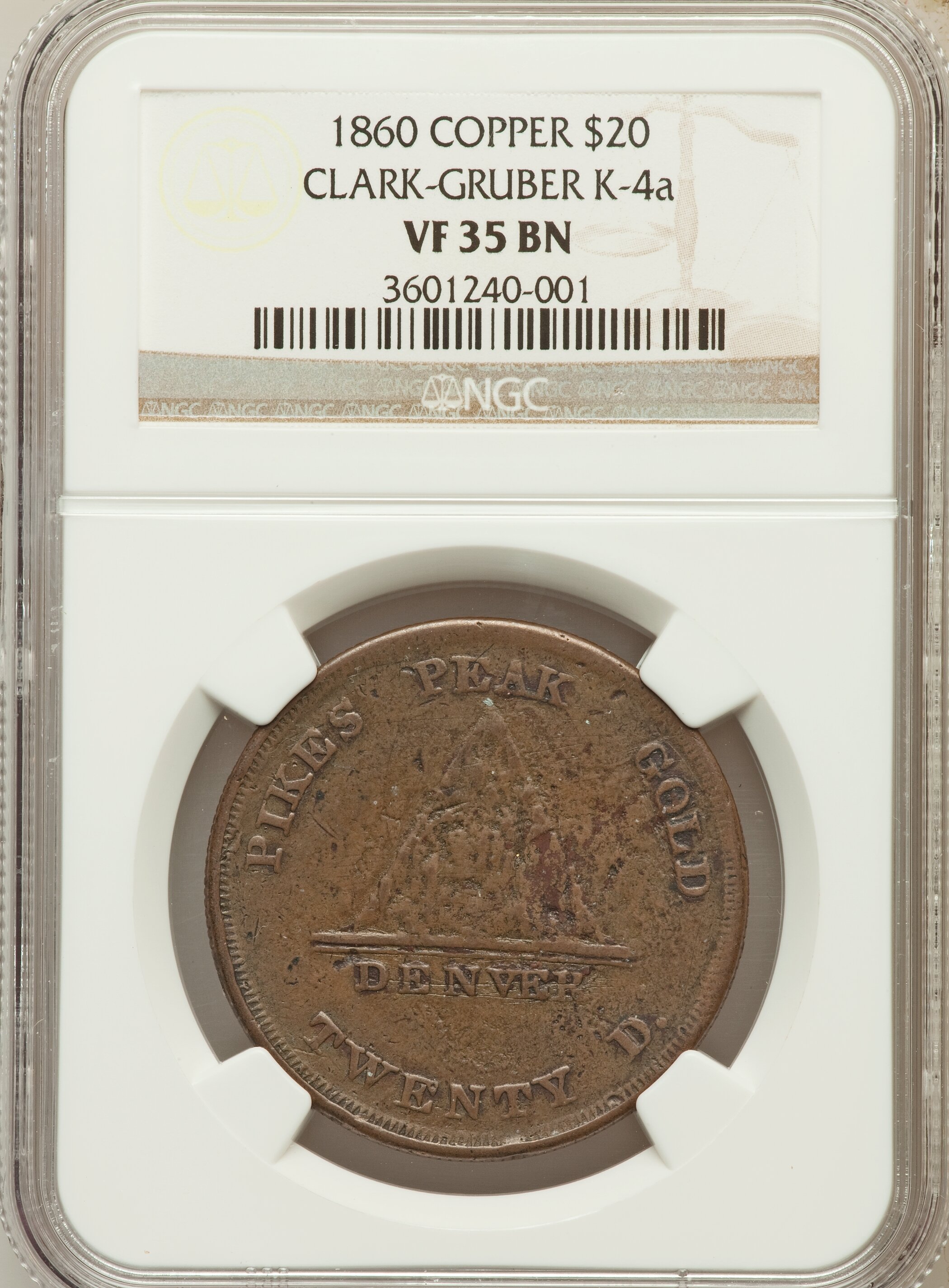 image for: 1860 $20 Clark, Gruber Twenty Dollar Copper Pattern VF35 NGC. K-4a, R.5....