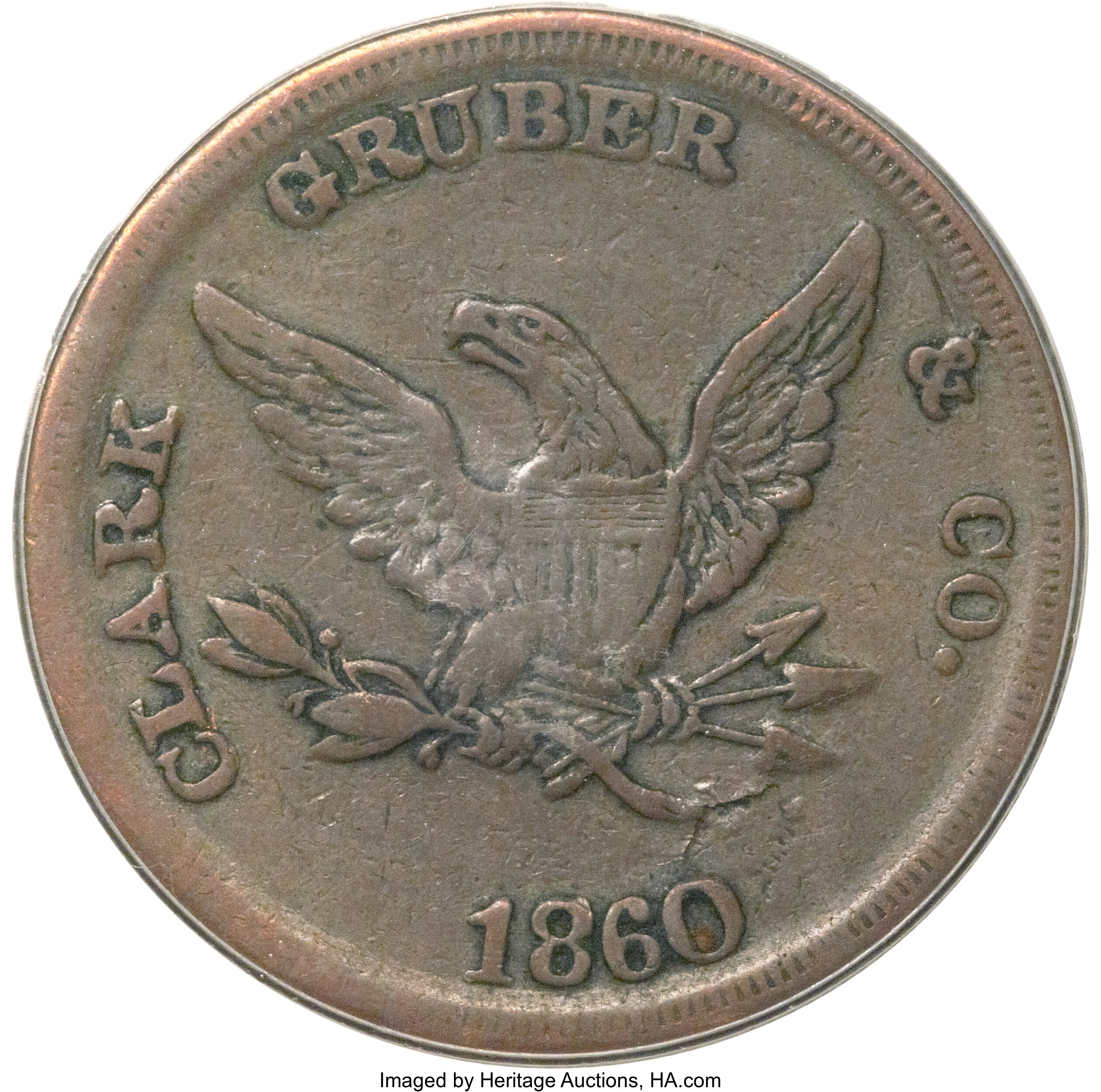 image for: 1860 $20 Clark, Gruber $20 Copper Die Trial VF35 PCGS. K-4a, R.5....