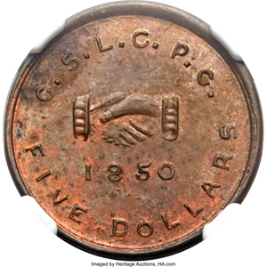 image for: 1850 $5 Mormon Five Dollar, Uniface Obverse Copper Restrike, K-7, R.7, MS62 Brown NGC....