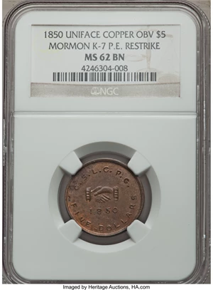image for: 1850 $5 Mormon Five Dollar, Uniface Obverse Copper Restrike, K-7, R.7, MS62 Brown NGC....
