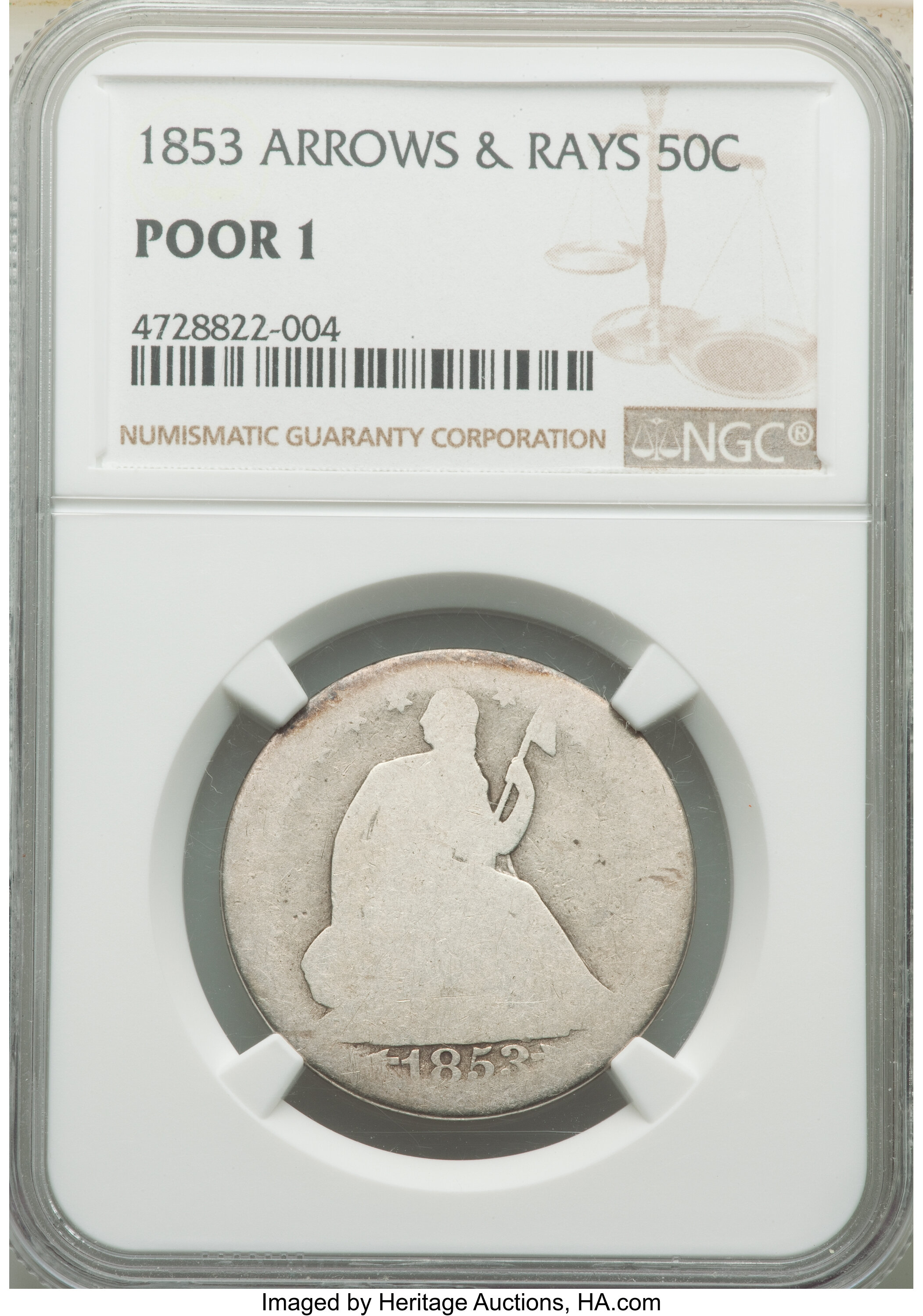 1853 50C Arrows and Rays Poor 1 NGC. NGC Census: (2/1273). PCGS Population: (9/1857). Mintage 3,532,708. ...