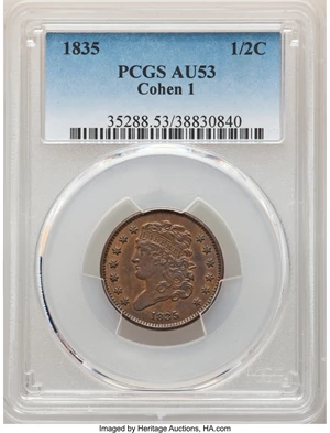 image for: 1835 1/2 C C-1, B-1, R.1, AU53 PCGS. PCGS Population: (1/7). NGC Census: (4/41). CDN: $190 Whsle. Bid for NGC/PCGS AU53. Mi...
