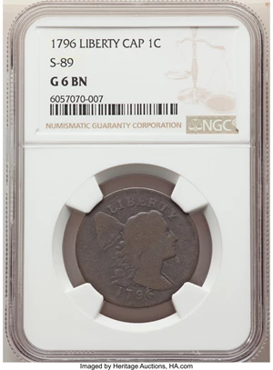 image for: 1796 1C Liberty Cap, S-89, B-10, R.3, Good 6 NGC. NGC Census: (1/9). PCGS Population: (1/8). CDN: $400 Whsle. Bid for NGC/P...