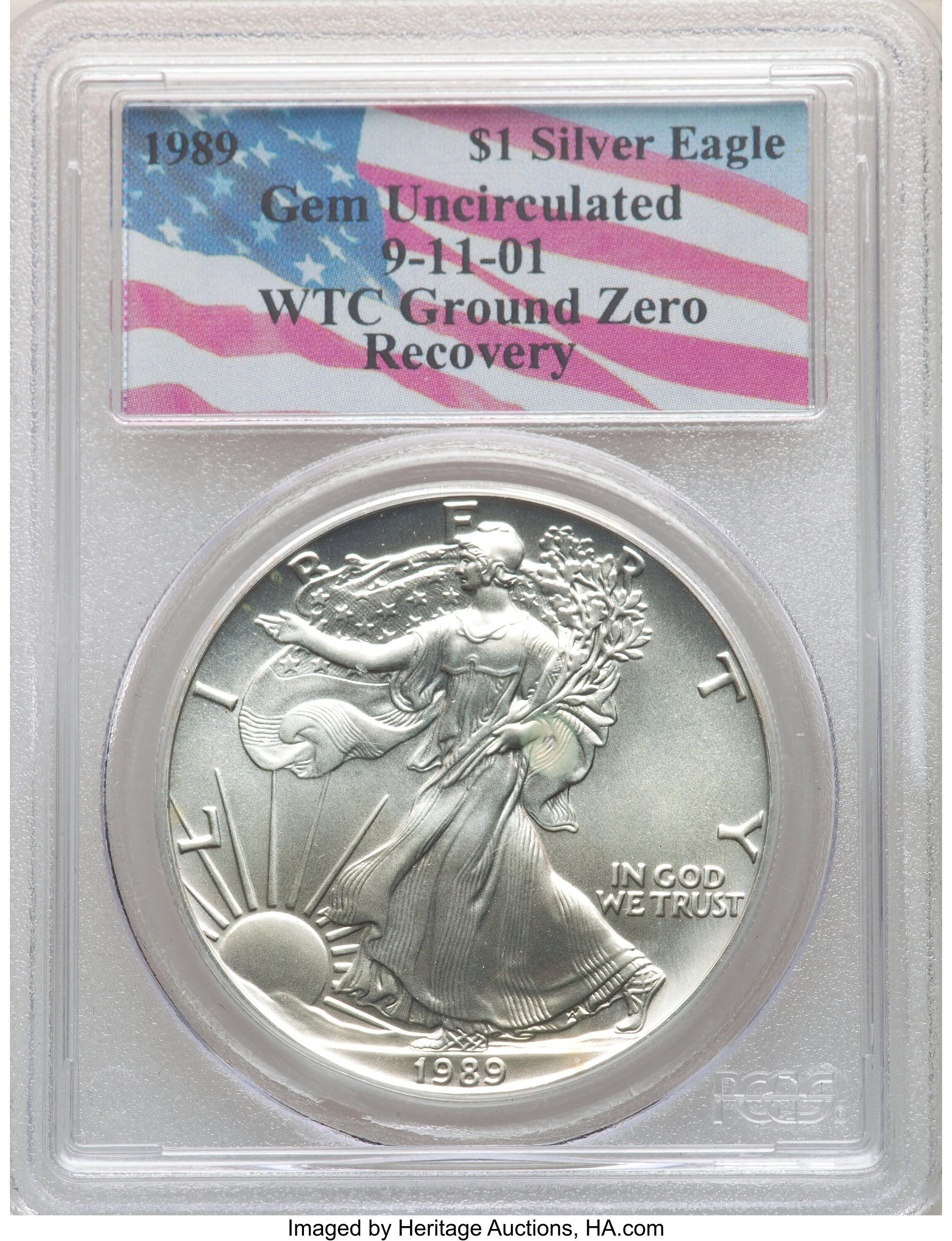 1989 $1 Silver Eagle, World Trade Center, Gem Uncirculated PCGS. 9-11-01 Ground Zero Recovery . PCGS Population: (53/166...