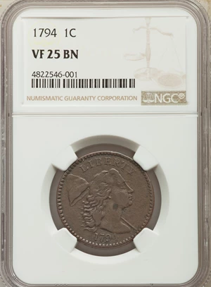 image for: 1794 1C Head of 1794, S-43, B-32, R.2, VF25 NGC. NGC Census: (0/12). PCGS Population: (1/9). CDN: $1,650 Whsle. Bid for NGC...