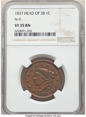 image for: 1837 1C Head of 1838, N-9, R.1, VF35 NGC. NGC Census: (0/29). PCGS Population: (0/25). VF35. ...