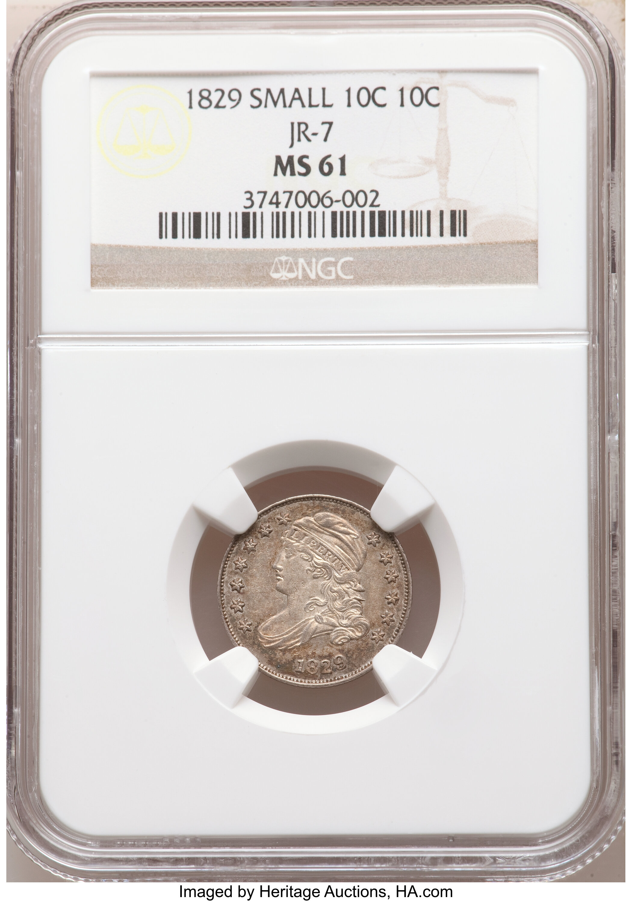 image for: 1829 10C Small 10C, JR-7, R.1, MS61 NGC. NGC Census: (2/4). PCGS Population: (0/2). MS61. Mintage 770,000. ...