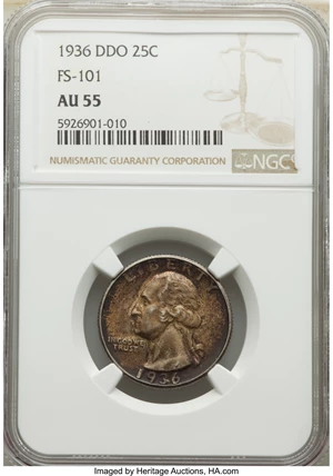 image for: 1936 25C Doubled Die Obverse, FS-101, AU55 NGC. NGC Census: (2/13). PCGS Population: (1/14). AU55. Mintage 41,303,837. ...