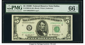 image for: Fr. 1963-K $5 1950B Federal Reserve Note. PMG Gem Uncirculated 66 EPQ....