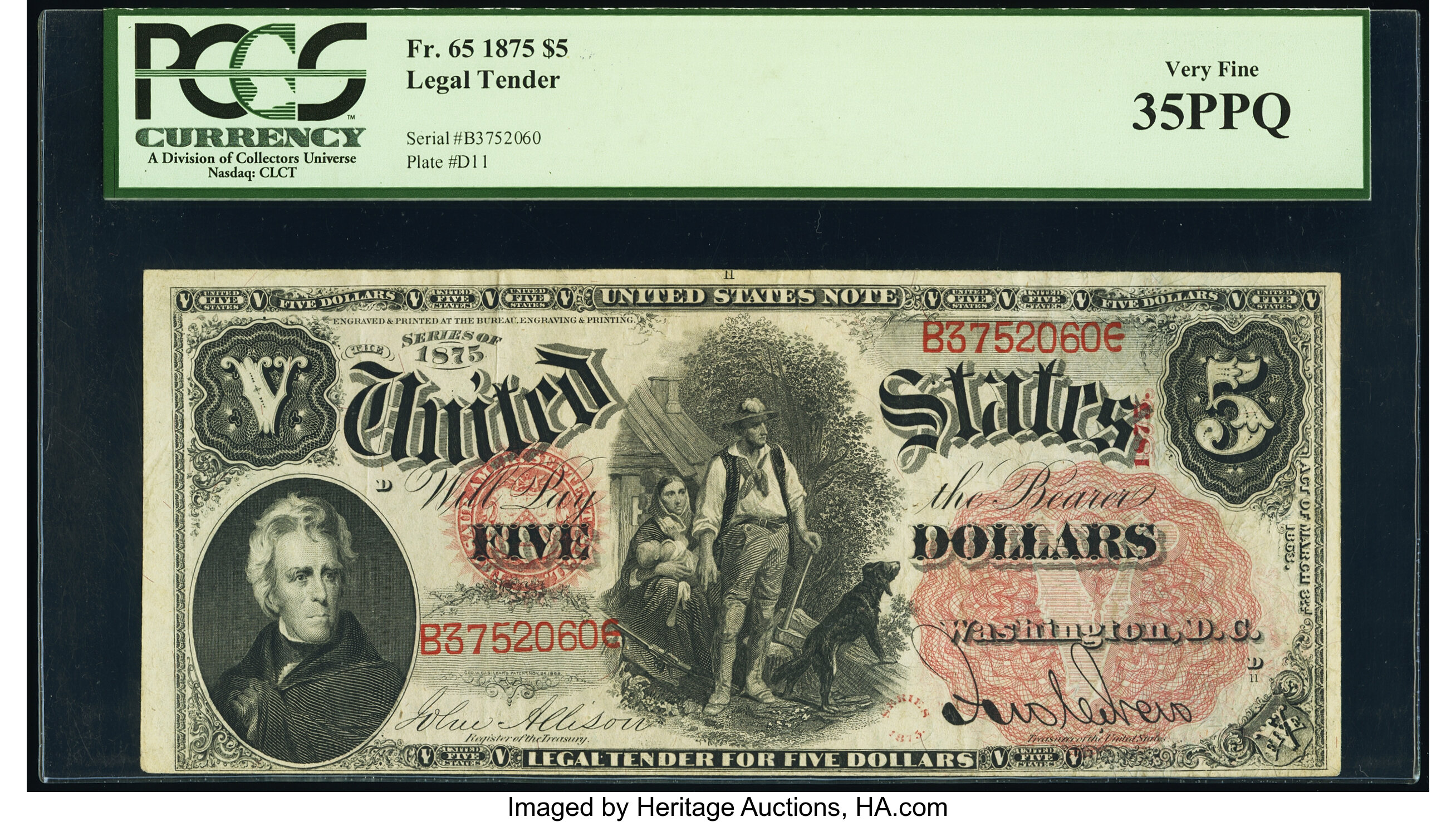 image for: Fr. 65 $5 1875 Legal Tender PCGS Very Fine 35PPQ....