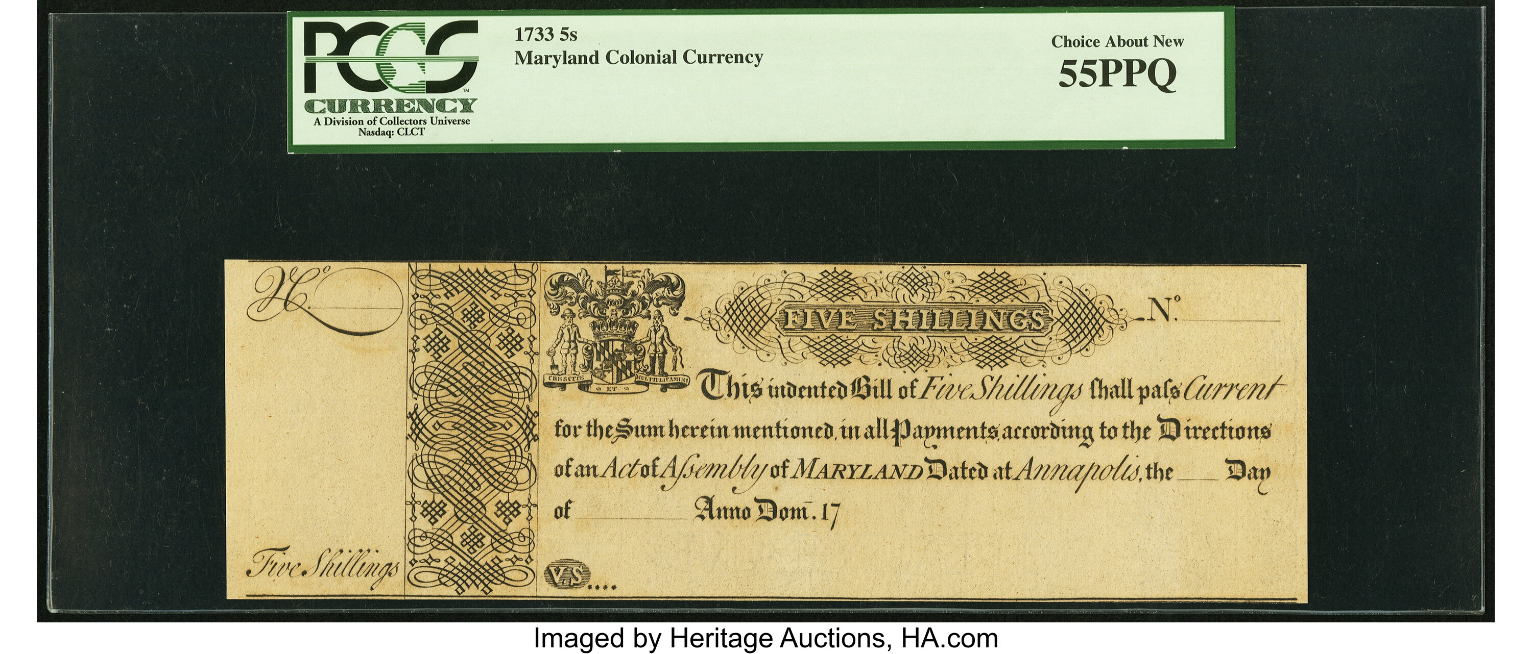 image for: Maryland 1733 5s Remainder PCGS Choice About New 55PPQ....