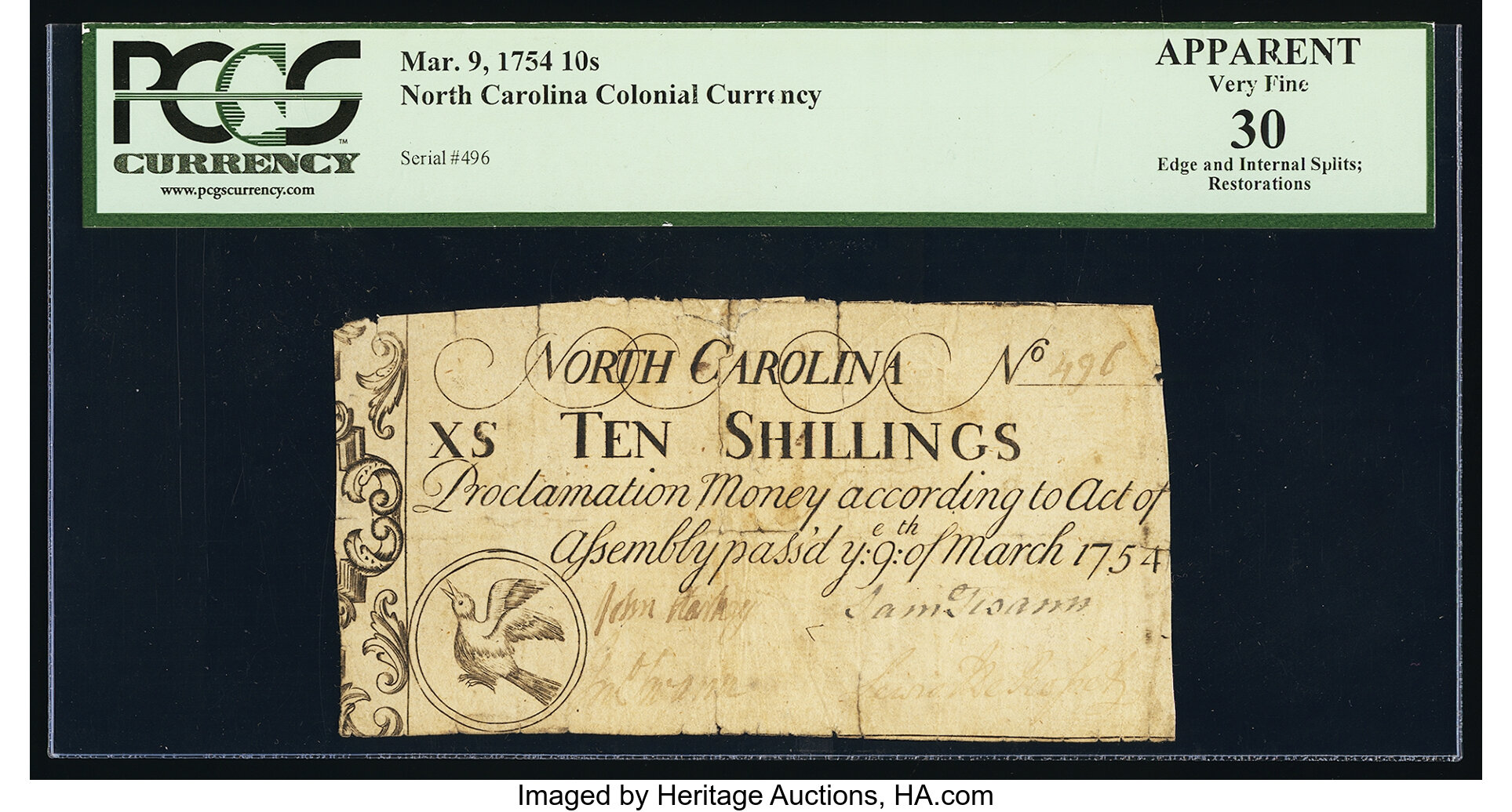 image for: North Carolina March 9, 1754 10s PCGS Apparent Very Fine 30....