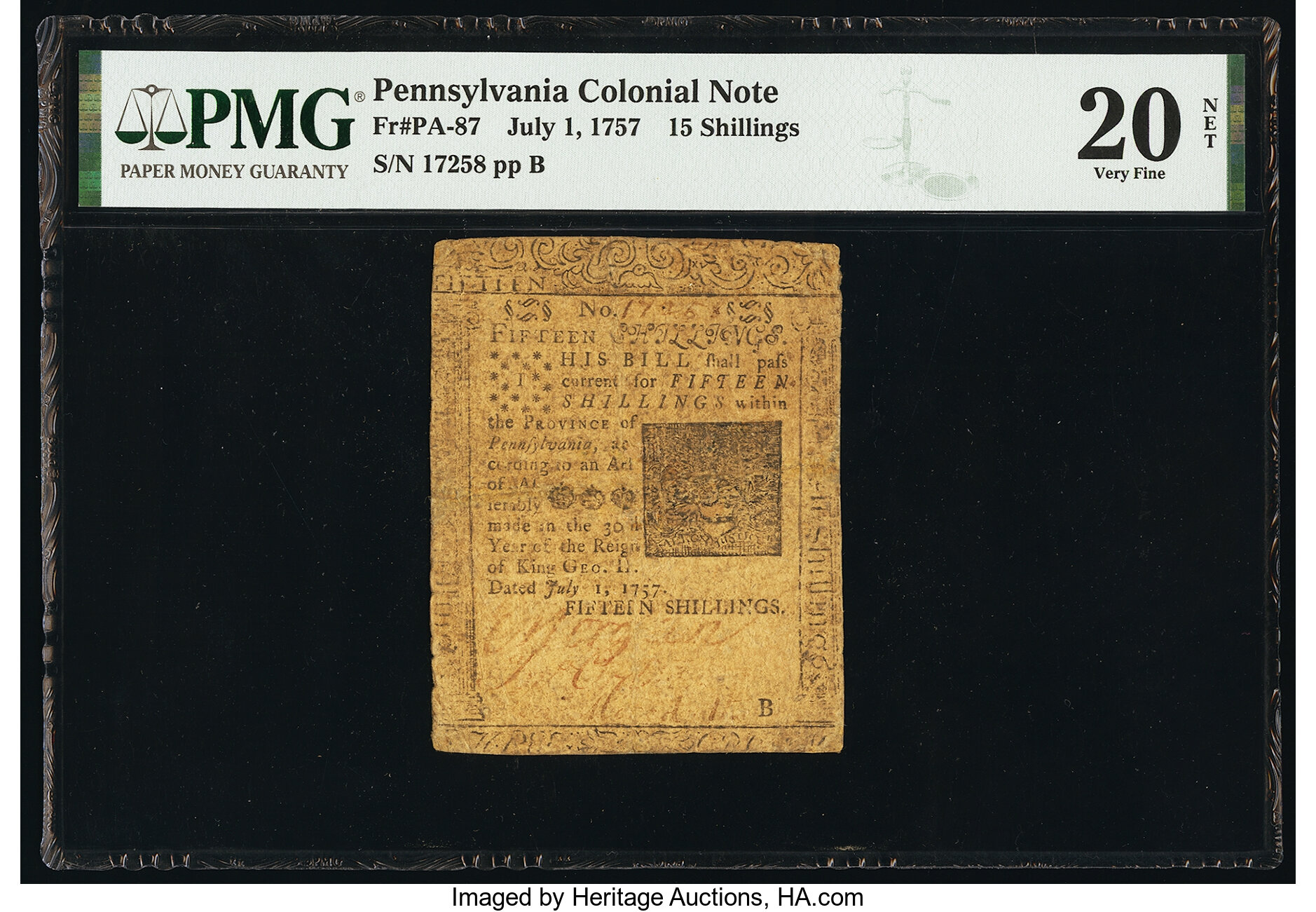 image for: Pennsylvania July 1, 1757 15s PMG Very Fine 20 Net....