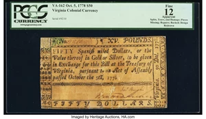 image for: Virginia October 5, 1778 $50 PCGS Apparent Fine 12....