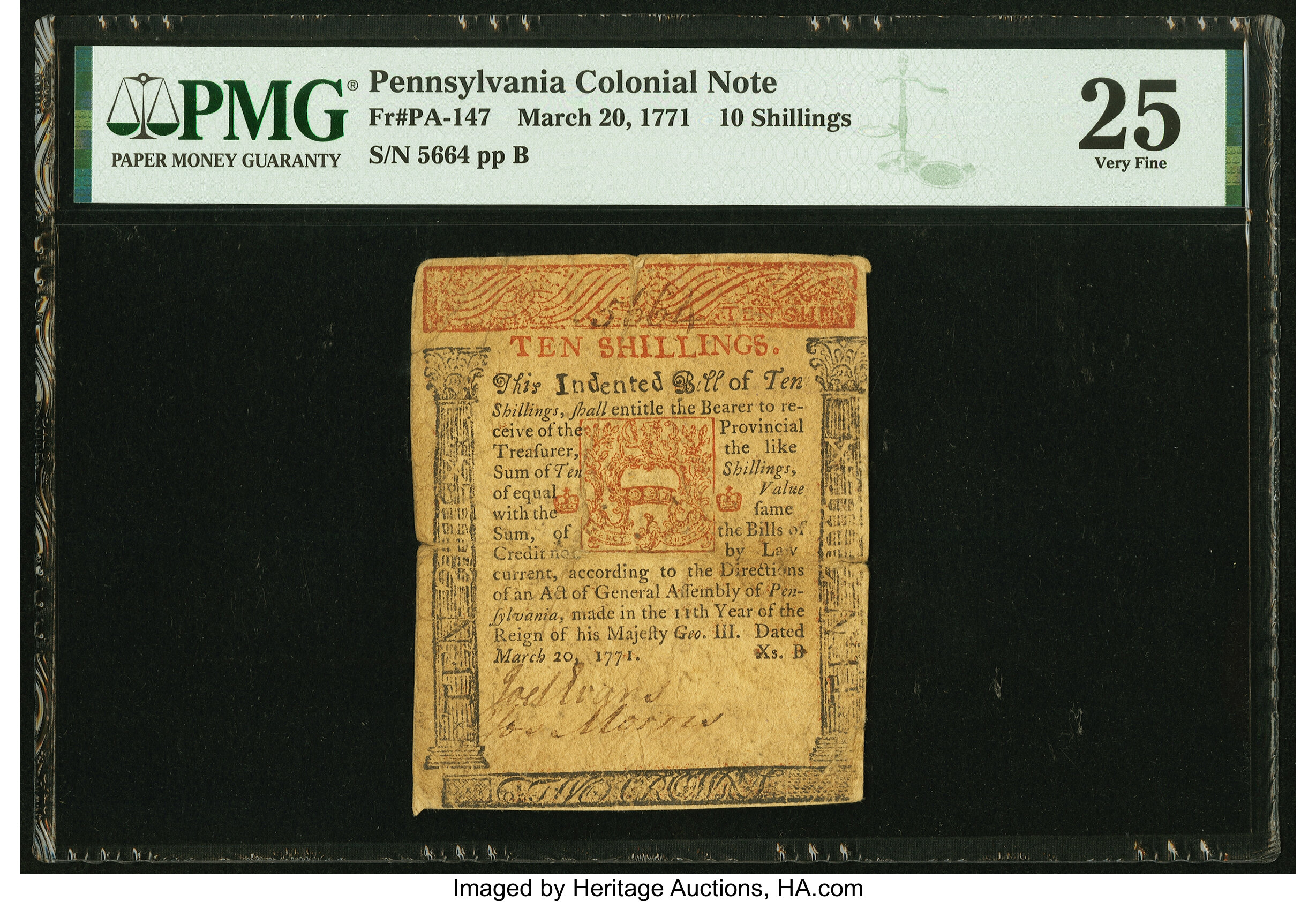 image for: Pennsylvania March 20, 1771 10s PMG Very Fine 25....